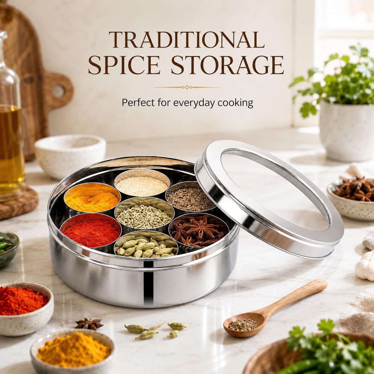 PNS Masala Dabba Boîte à épices avec 7 compartiments en acier inoxydable de qualité alimentaire avec cuillère de service (couvercle transparent, 16 cm)