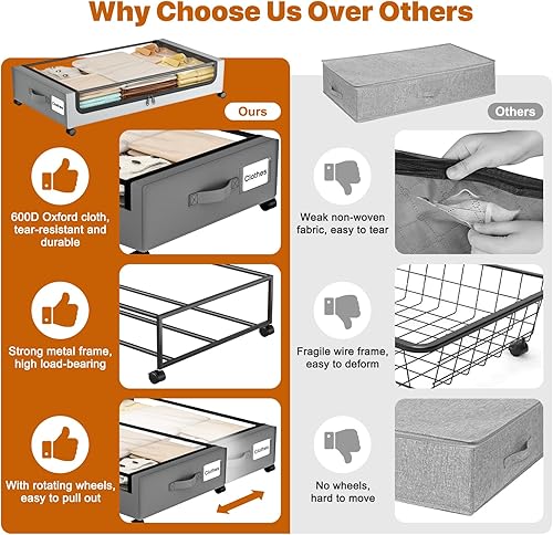 Miniatura 7 de Almacenamiento debajo de la cama con ruedas, XXL 60L debajo de la cama contenedores de almacenamiento con tapas transparentes, cajón de metal