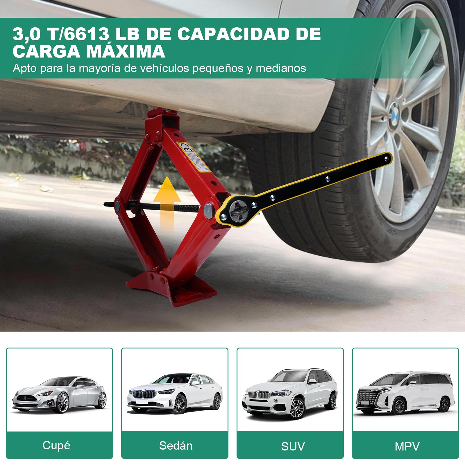 HYCHIKA Gato Coche 3 T, Kit de Gato Portátil de Gato Elevador Coche Kit Universal de Reparación de Neumáticos con Llave de Tuercas Adecuado para SUV, Monovolúmenes y Automóviles