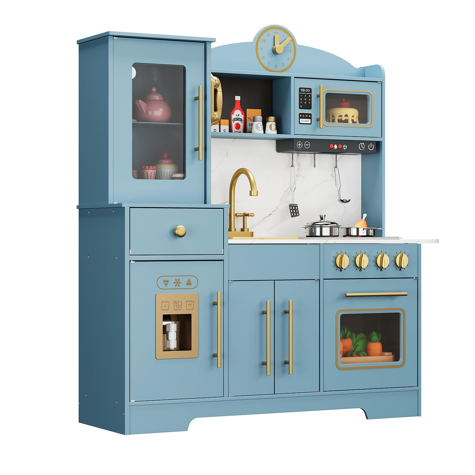 Cuisine en Bois Enfant, Cuisine de Jeu pour Enfants avec Lumières et Sons, Kit de Cuisine pour Enfant avec Cuisinière, Horloge, Évier et Micro-ondes, Jouet de Rôle, Cuisine en Bois Moderne pour Enfant