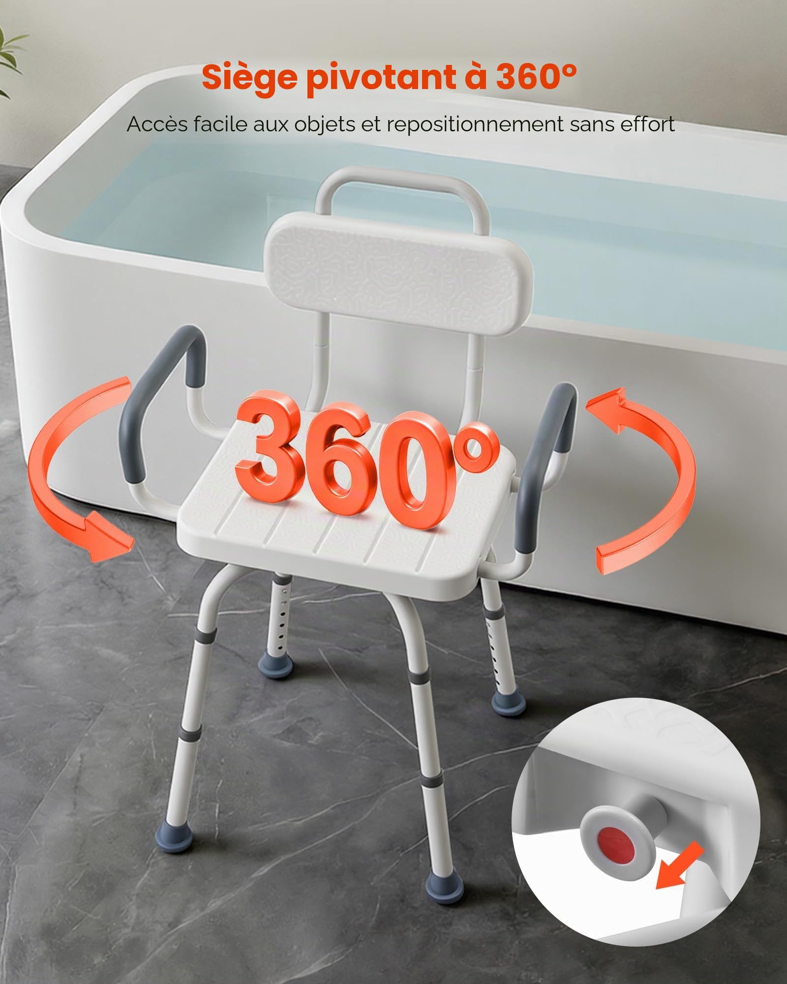VEVOR Chaise de Baignoire Pivotante à 360°, Banc de Transfert Baignoire avec Dossier et Accoudoirs, Capacité 180 kg, Siège de Douche pour Adultes, Personnes Âgées et Handicapés, Hauteur Réglable