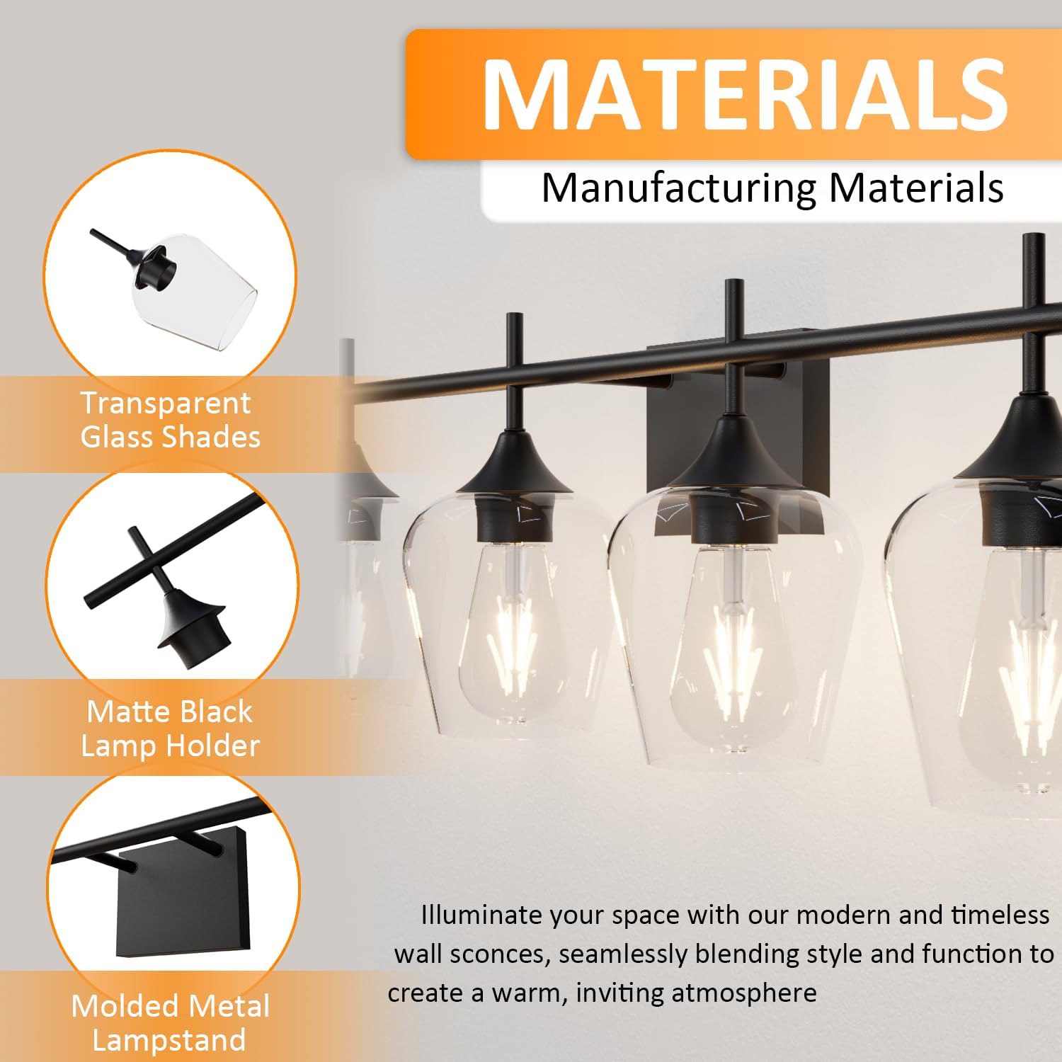 Vanity Bathroom Light, 4-Light Bathroom Light Fixtures Over Mirror, Black Vanity Lights for Bathroom with Clear Glass, Modern Wall Lamp for Cabinet Hallway, Bedroom