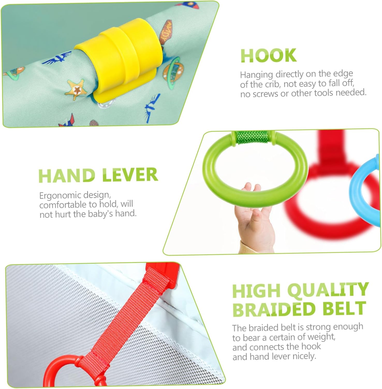 Kisangel 4pcs Baby Play Gym Pull Ring Baby Bed Stand Up Rings Nursery Baby Cot Rings Toddler Activity Kids Walking Training Tool