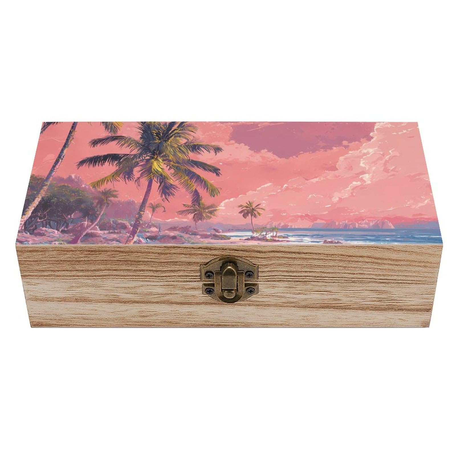 HLBSDM Dreamy Beach Palms Trees Sunset Wooden Storage Box Craft Memory Keepsake Treasure Chest Box Jewelry Organizer