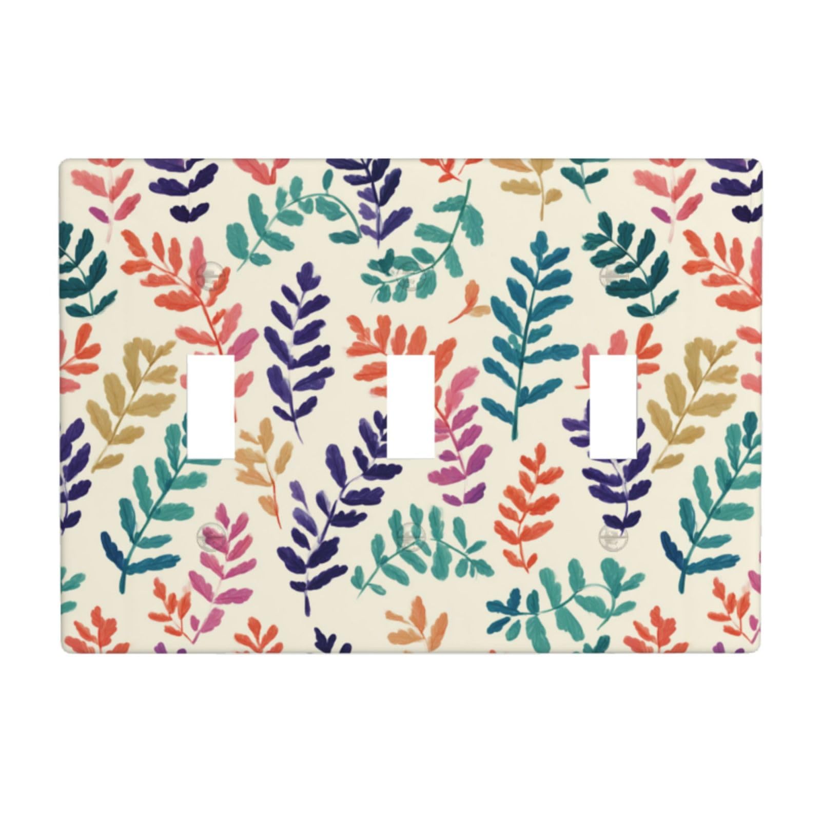 Woshuwo White Small Fern Leaves Pattern Green Orange Purple Light Switch Covers 3 Gang Triple Toggle Wall Plate Switchplate Electrical Faceplate For Bathroom Kitchen Bedroom Decor