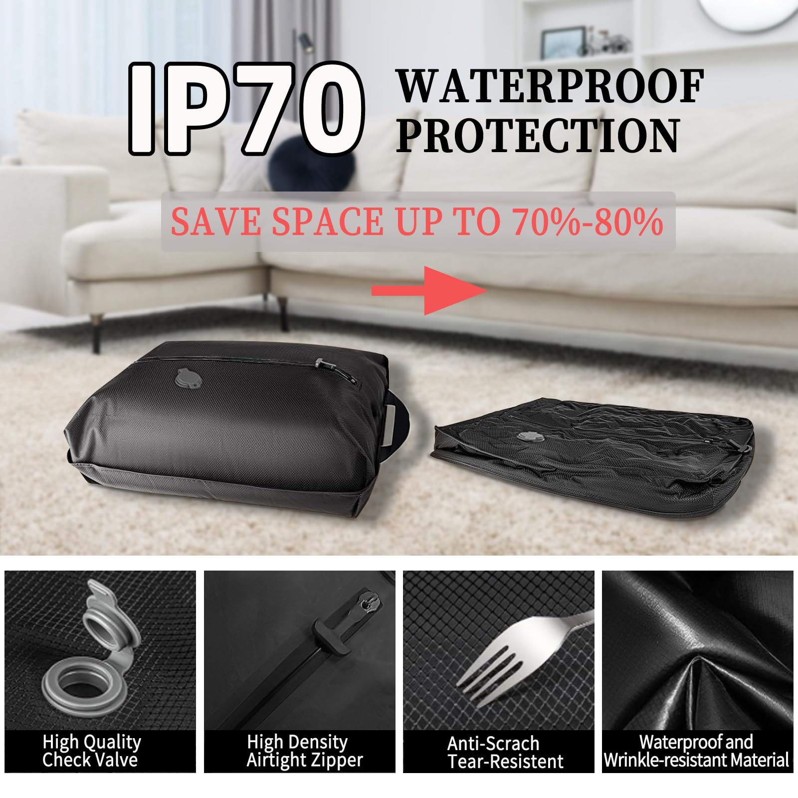 Lollanda Vacuum Bags for Travel IP67 Waterproof Reusable Compression Storage Space Saver Suitcase Backpack Organizer Lightweight Durable 210D Polyester TPU (16L-BLACK) - Image 3