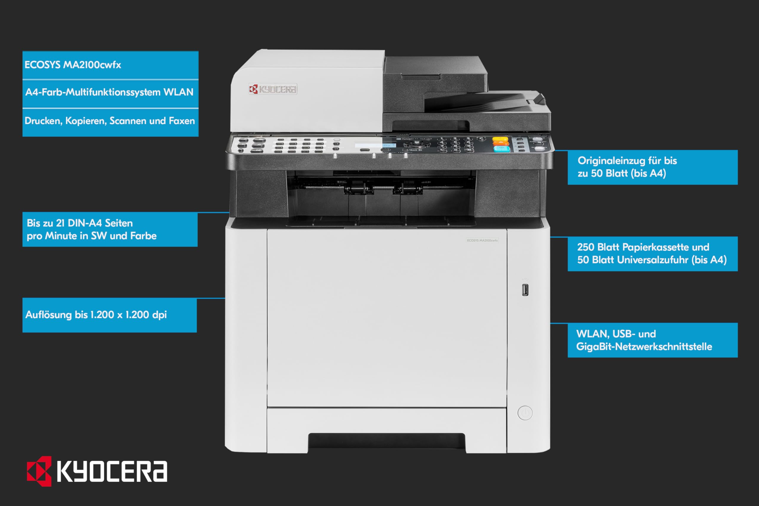 Kyocera Ecosys MA2100cwfx/Plus Stampante Laser a Colori Multifunzione WiFi Stampante Scanner Copiatrice Fax Duplex, USB 2.0 e Mobile Print, Include 3 Anni Full Service in Locale