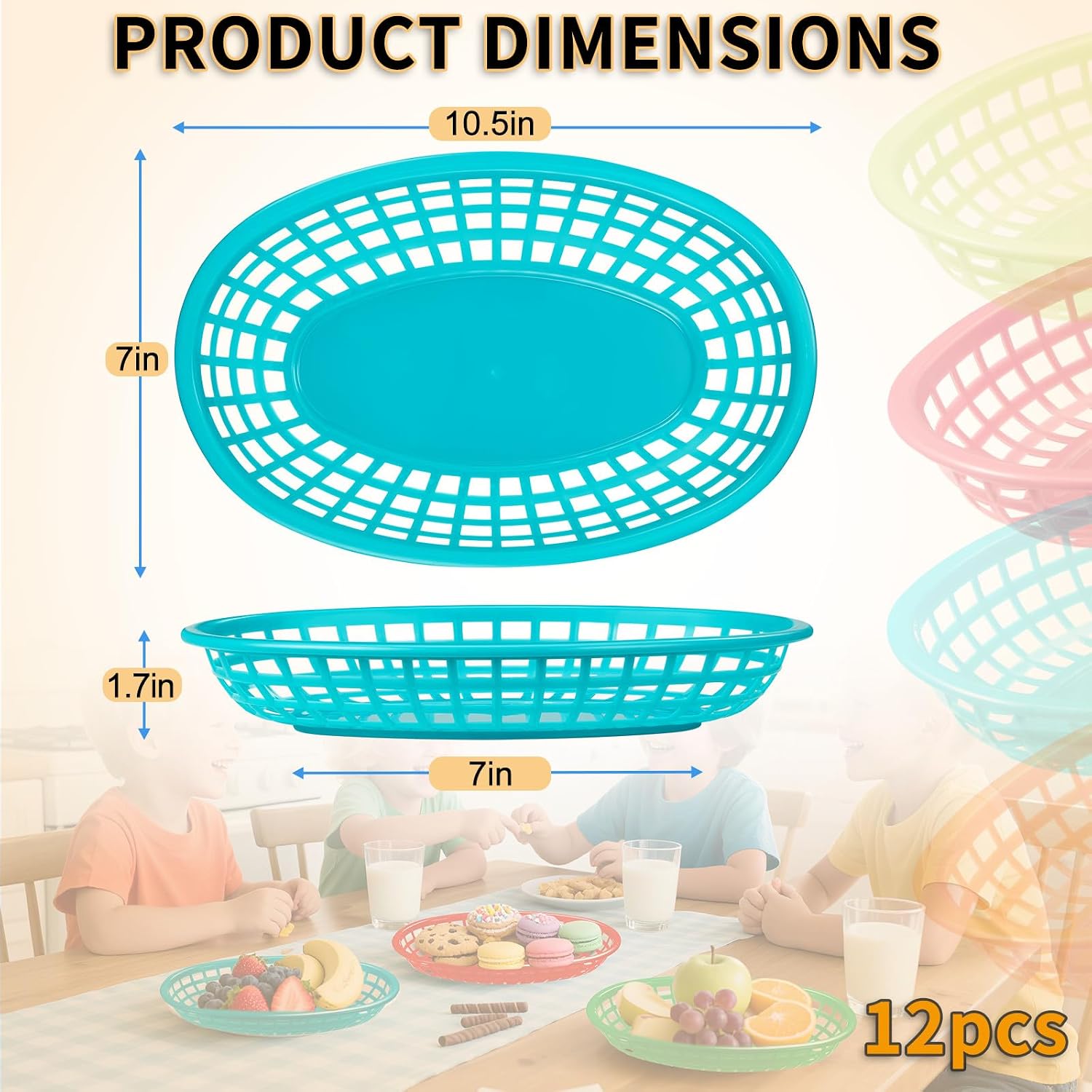 Plastic Bread Baskets Reusable Fast Food Basket Set of 12, Unbreakable Oval Multicolor BPA-Free Design for Home Restaurant Serving Hamburgers, Sandwiches, Chicken, Fries