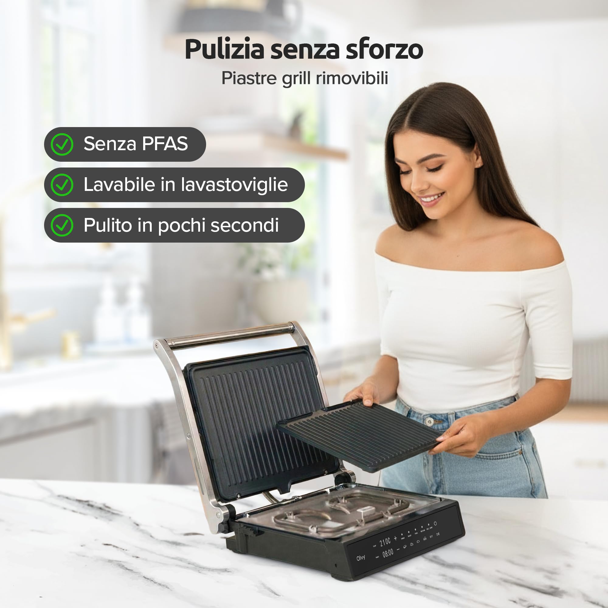Olvy Grill Elettrico a Contatto 2000W PFAS Free Piastra Antiaderente Rimovibile 5 Programmi Automatici Apertura 180° Termostato Timer Panini Carne Verdure