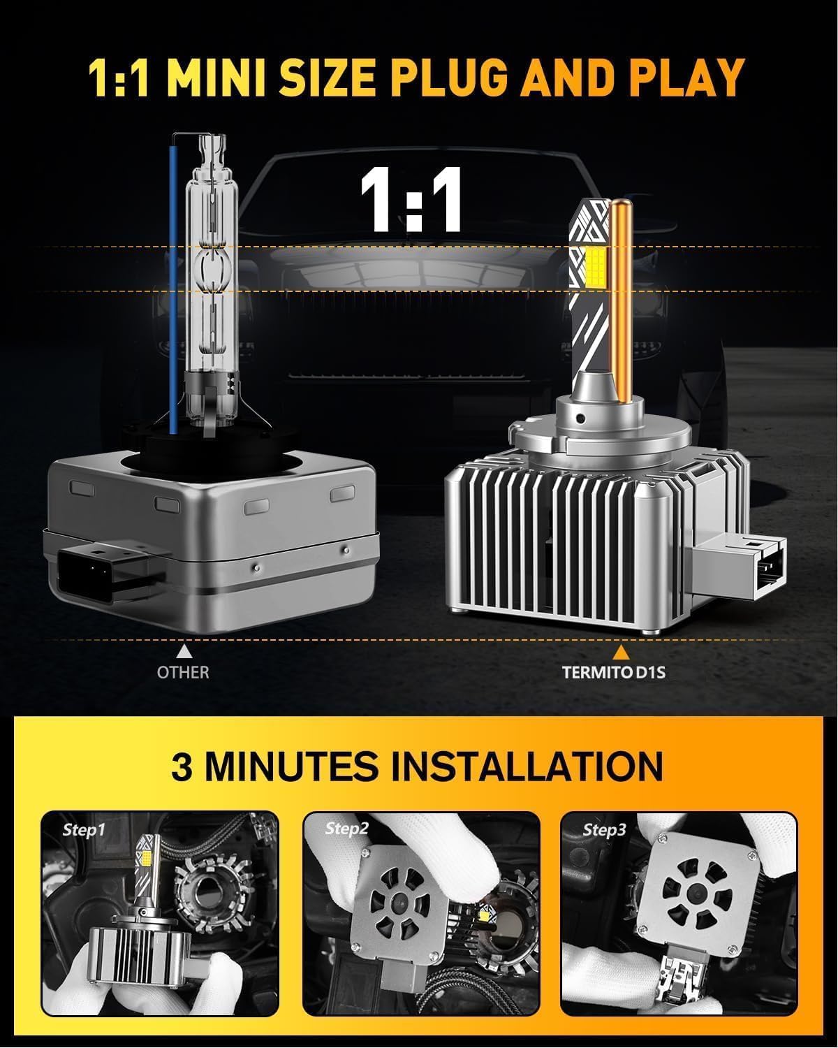 D1S Light Bulbs, 60,000LM 10X Brighter 6500K Cool White, 1:1 D1S HID Bulb size, IP68 Waterproof, 3-Minute Install, 85k Hrs Lifespan, Pack of 2 — view 3