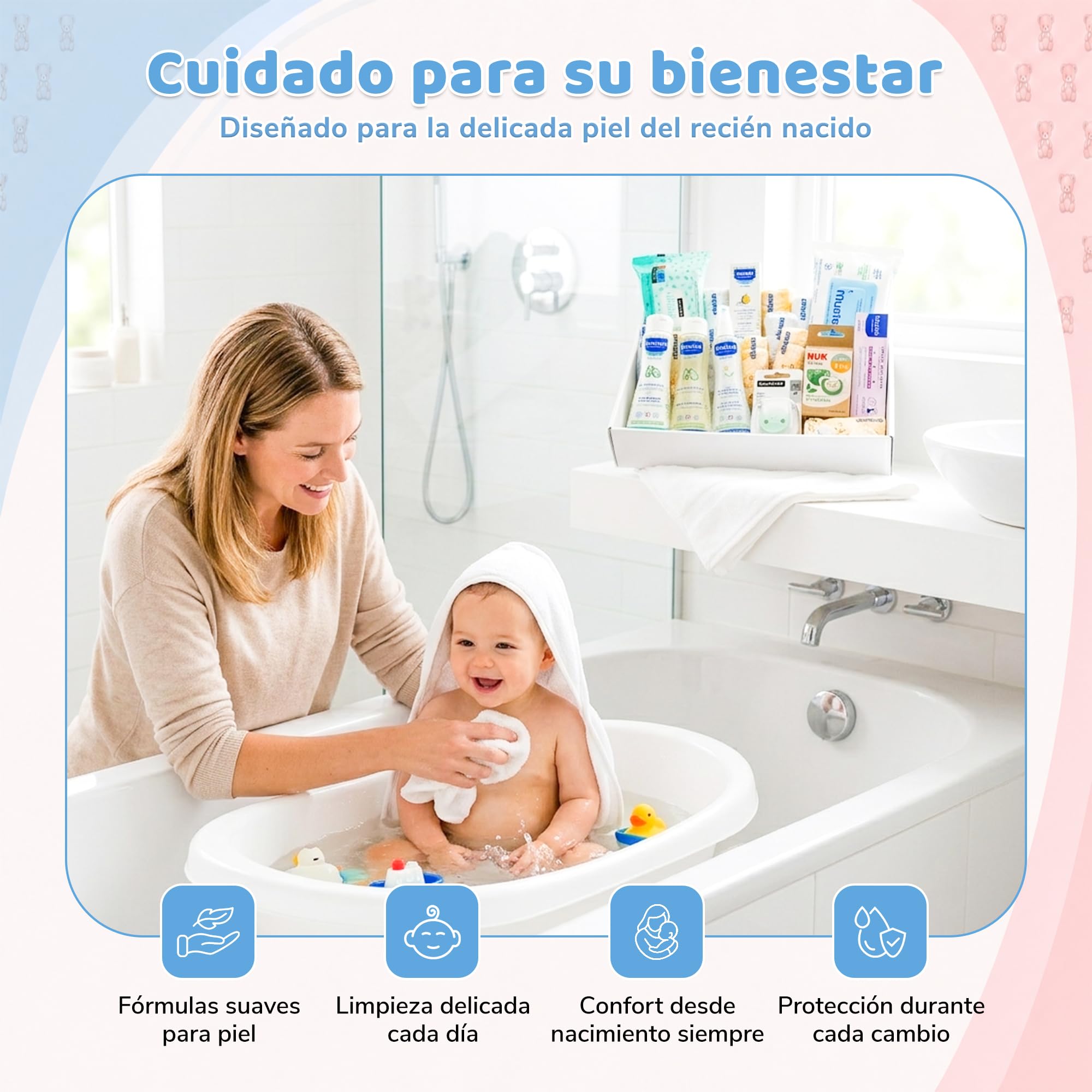 Cesto regalo per neonato, set regalo unisex per maschietti e femminucce, kit igienico completo con gel, shampoo, acqua di colonia, salviettine, pannolini, ciucci e clip, kit per neonato baby shower