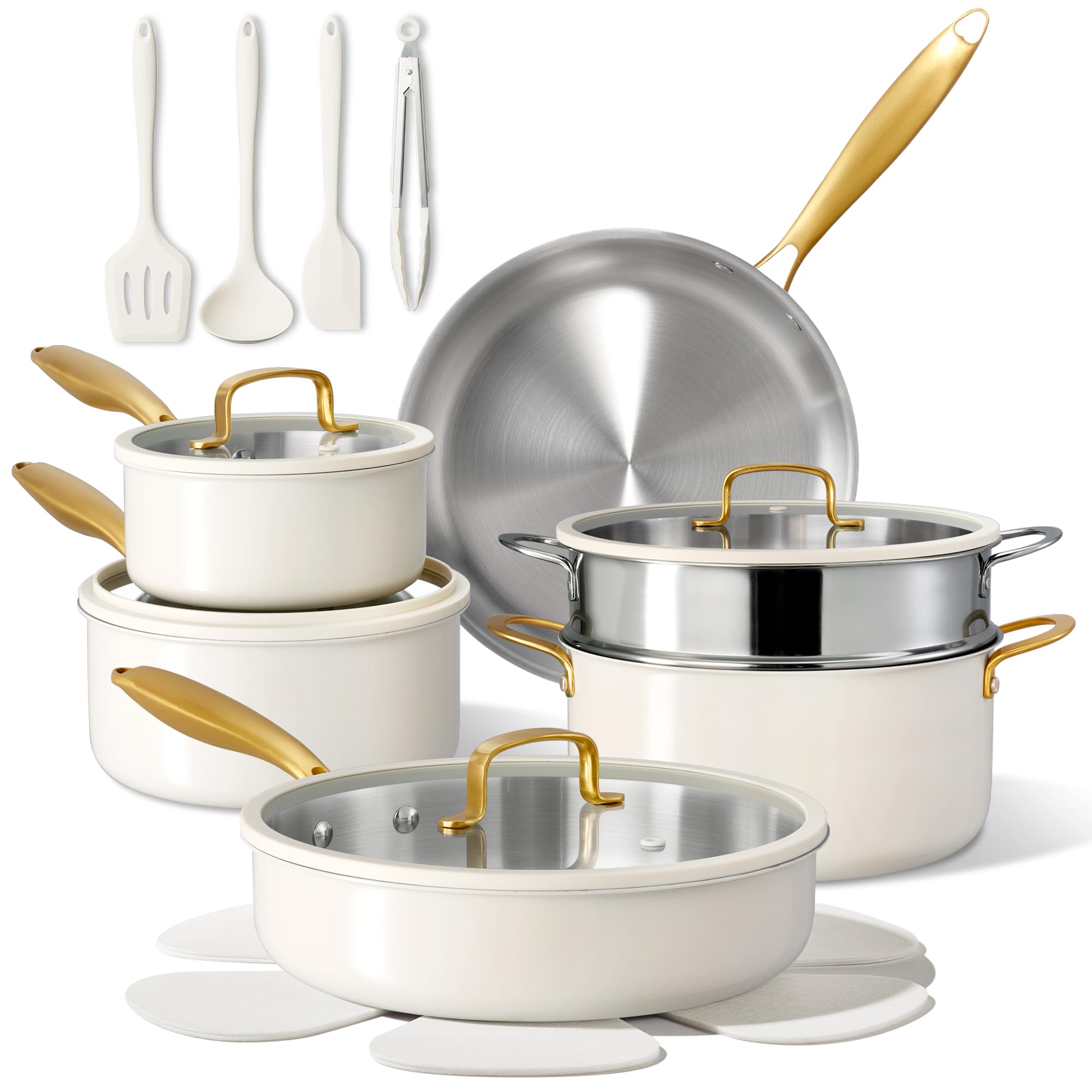 CAROTE 18 PCS Stainless Steel Cookware Set, Pots and Pans Set Dishwasher Safe, White