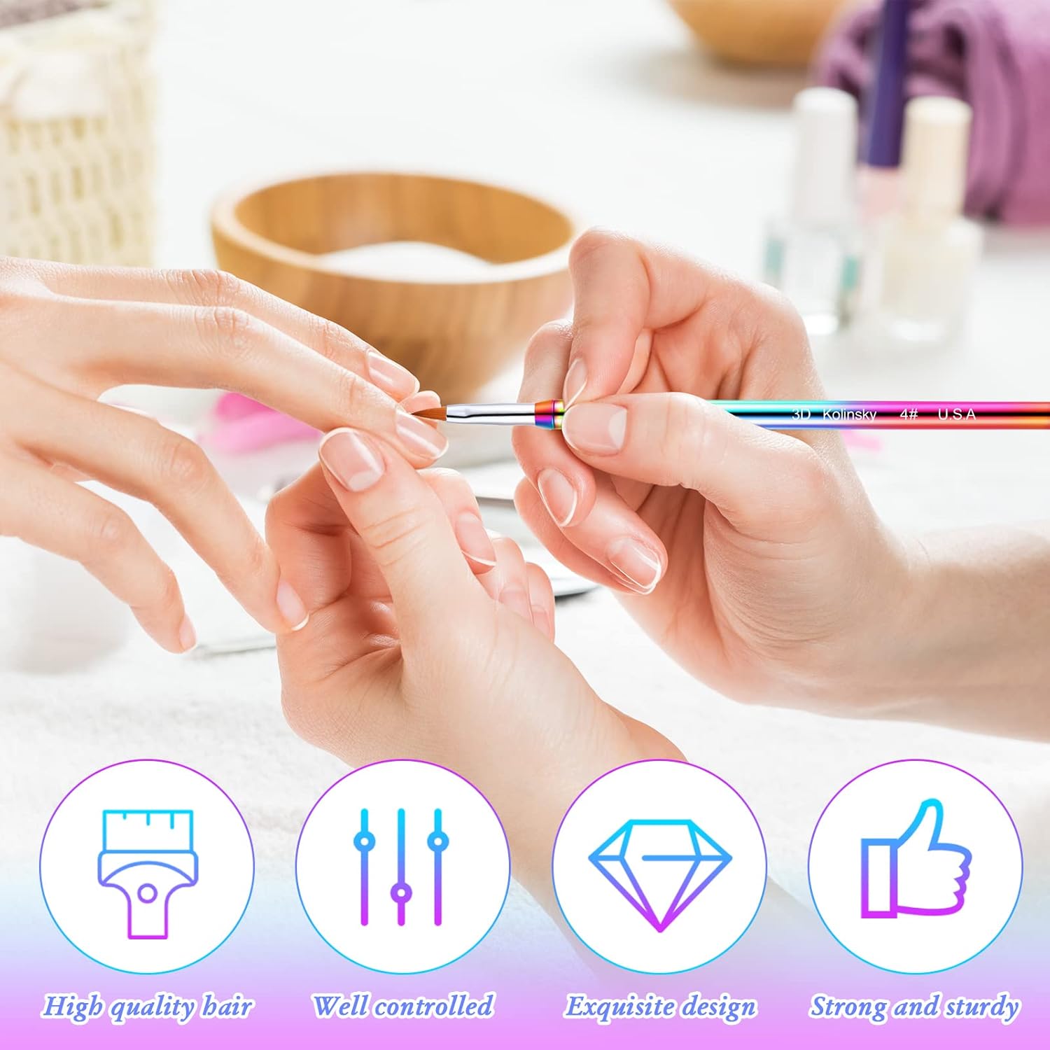 3 Pieces Kolinsky Acrylic Nail Brush 3D Nail Art Brush with Silver Metal with Non-slip Handle (Rainbow,Size 2, 4, 5) : Beauty & Personal Care