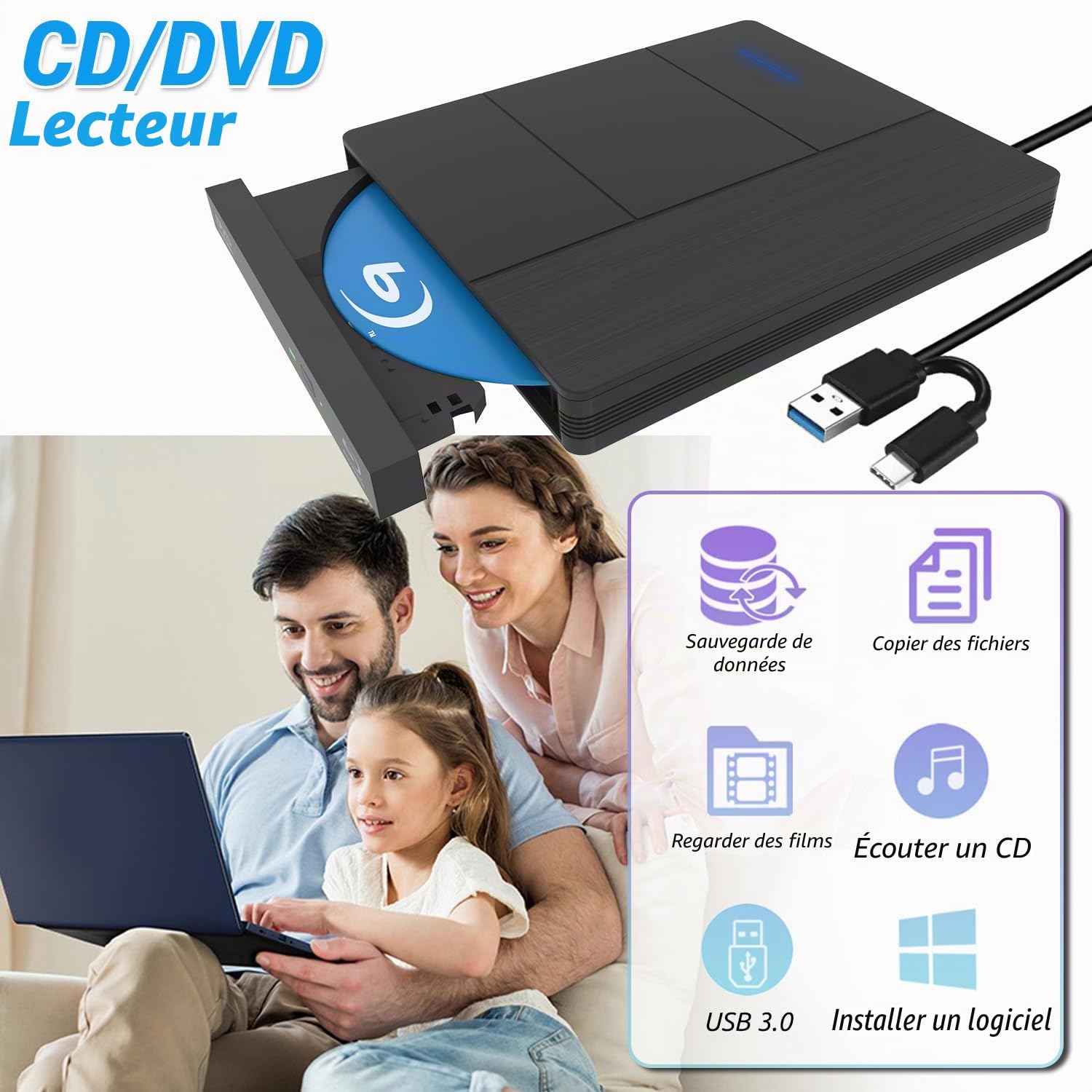 7 en1 Lecteur Blu-Ray Externe - Lecteur Graveur Blu Ray avec USB 3.0 Type-C, DVD/BD Portable Externe Lecteur Blu Ray Externe, Graveur Optical Bluray Drive pour PC Windows 1110 8 7 XP