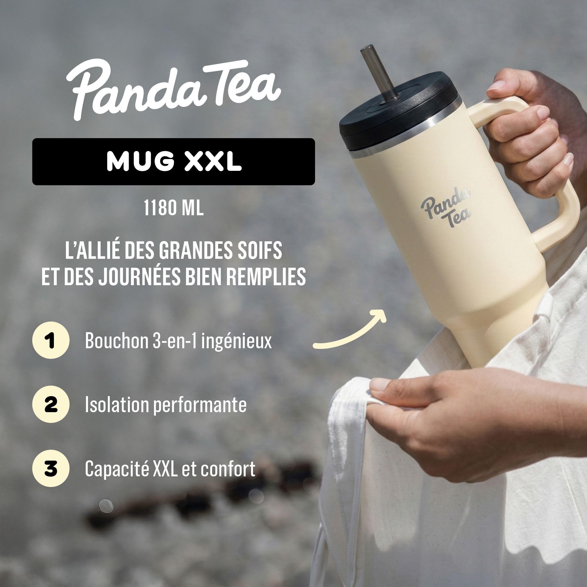Panda Tea - Mug XXL avec Paille - 1180 mL - Bleu - Gourde Inox isotherme avec Paille – Boissons Chaudes & Froides - Bouteille Double Paroi – Gourde Grande Capacité