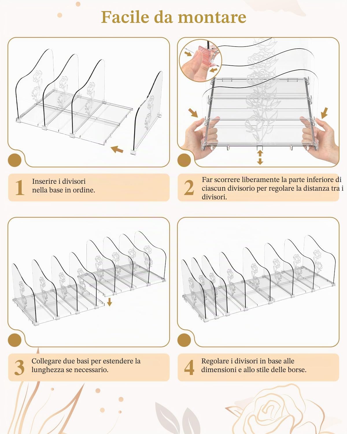 Confezione da 2 organizer per borse a forma di rosa, divisori regolabili per armadio, organizer trasparente per armadio, separatore per libreria in plastica per camera da letto, ufficio, casa, ottimo