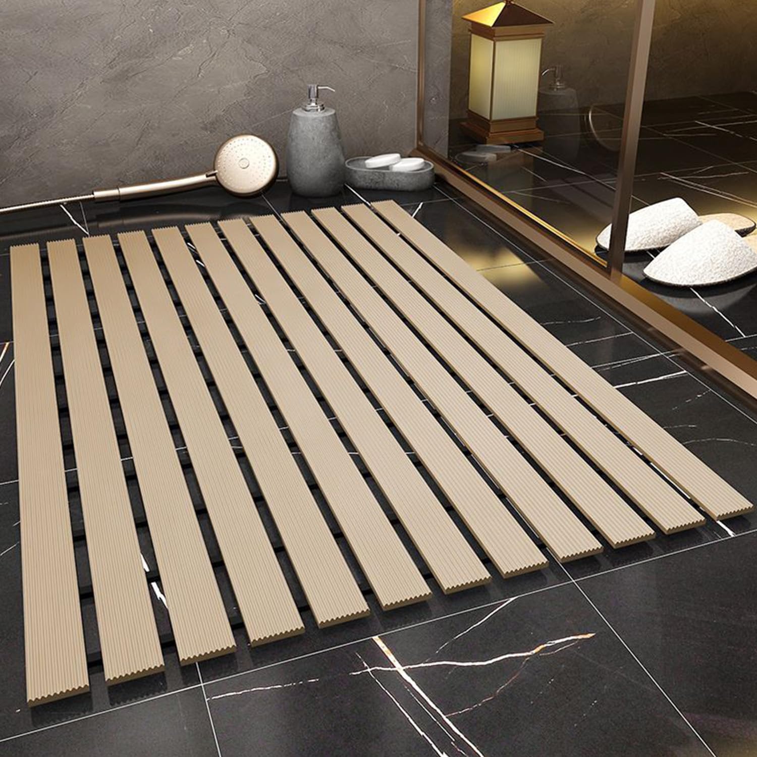 17 x24 Inch Bath Mat, Shower Mat with Drain Hole in Middle,Square Rubber Shower Mat, Non Slip Bathtub Mats for Bathroom (Beige)