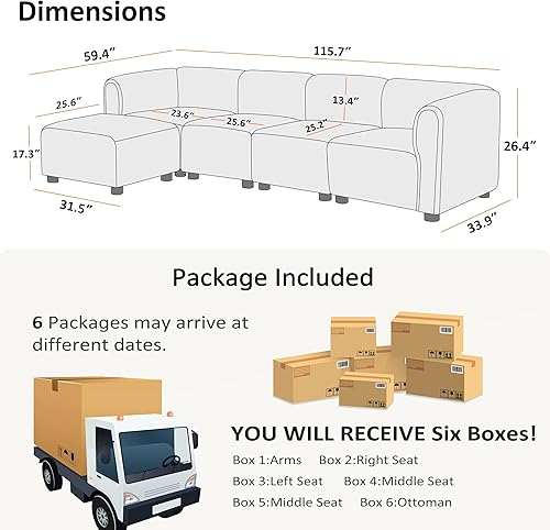 Miniatura 2 de VANOMi Sofá modular de gran tamaño, sofás seccionales en forma de L para sala de estar, sofá modular de 5 asientos con tumbonas reversibles, color