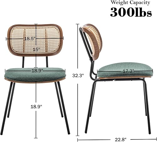 Miniatura 2 de Juego de 2 sillas de comedor de ratán, sillas de comedor modernas de mediados de siglo con respaldo de caña para cocina y comedor, tela de 19