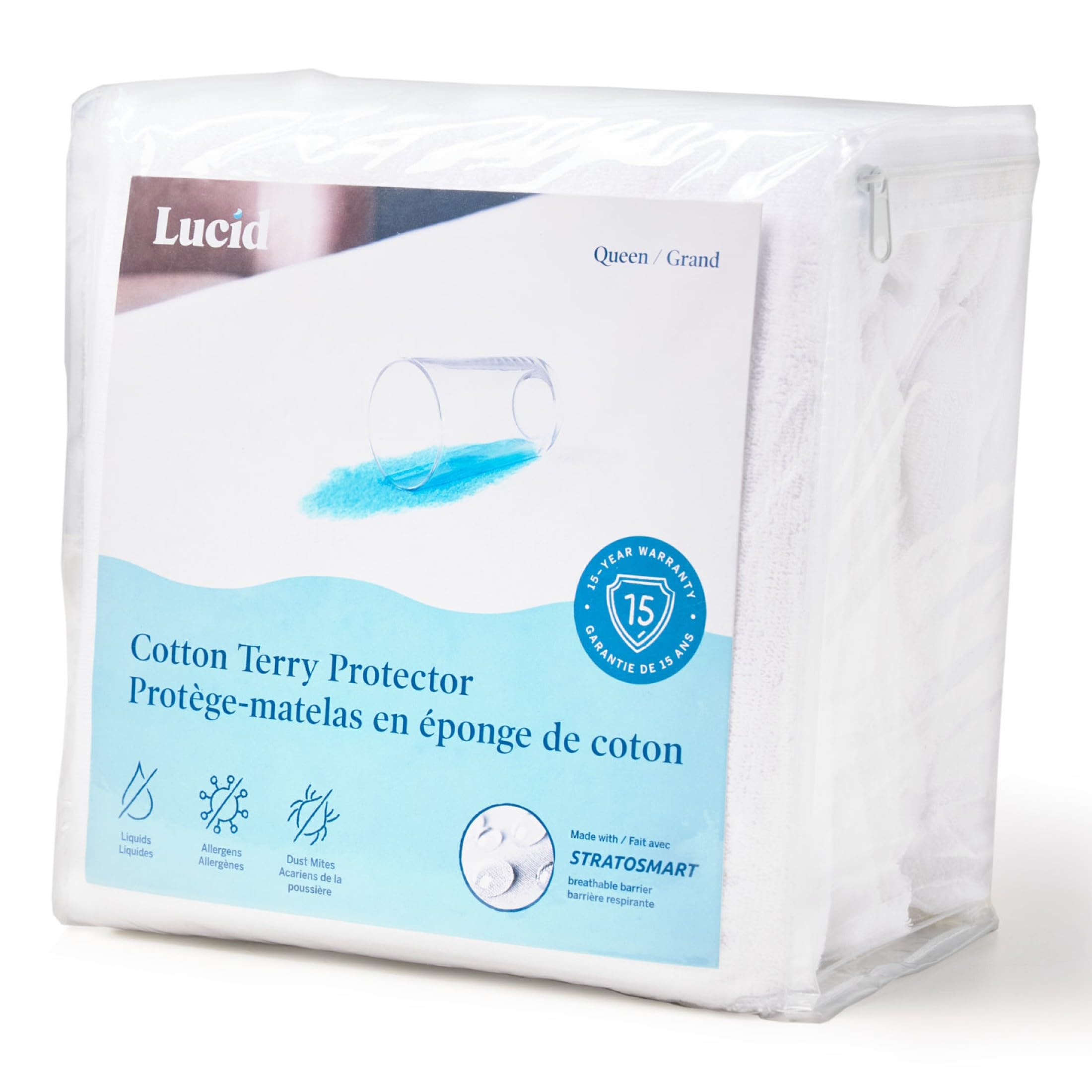 LUCID Pokrowiec na materac premium, 100% wodoodporna ochrona, mieszanka bawełny, biały/bujny, królowa