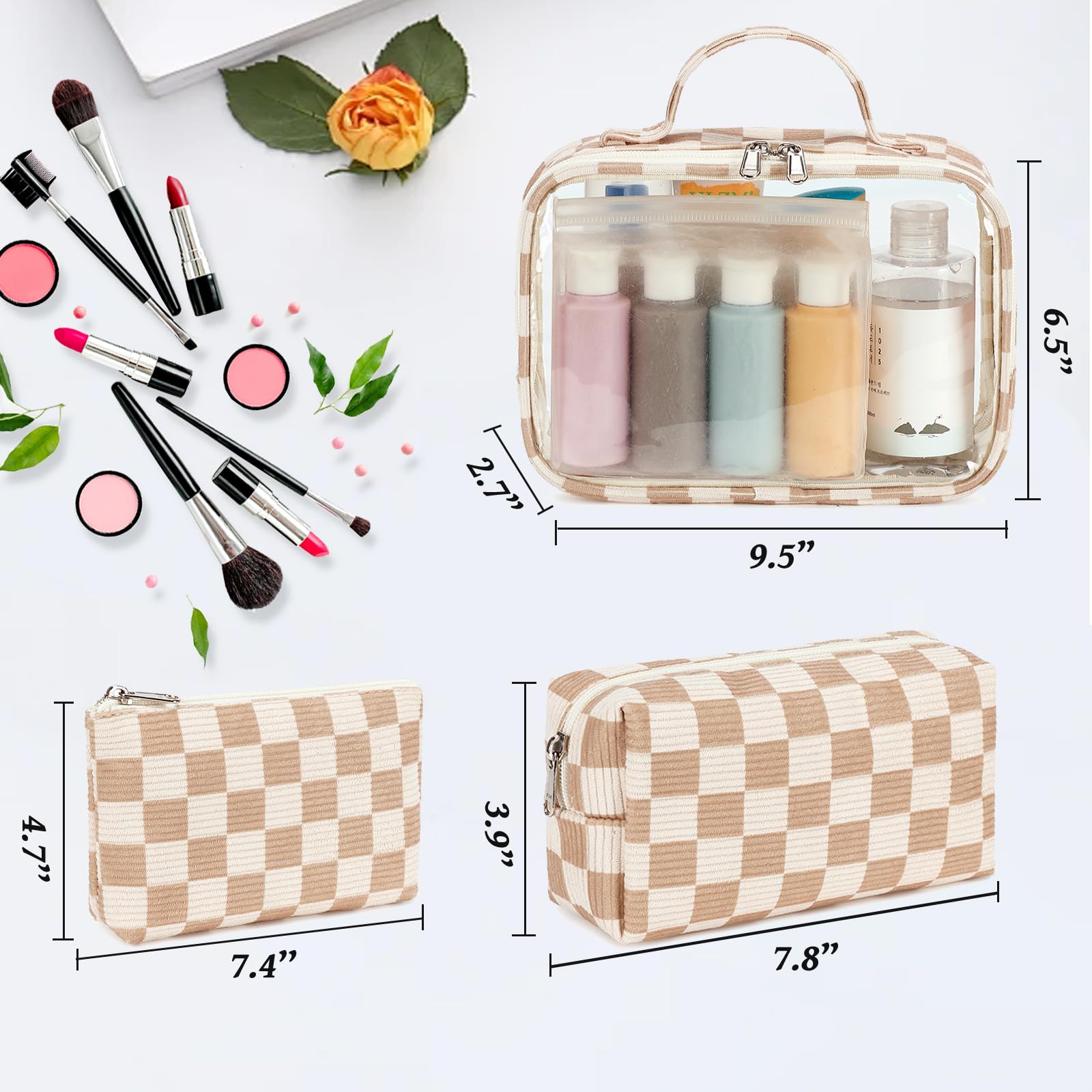 Bluboon 3Pcs Makeup Toiletry Bag for Women, Clear Packing Cubes Cosmetic Bag for Travel Women With Zipper Travel Essentials (Corduroy Checkered)