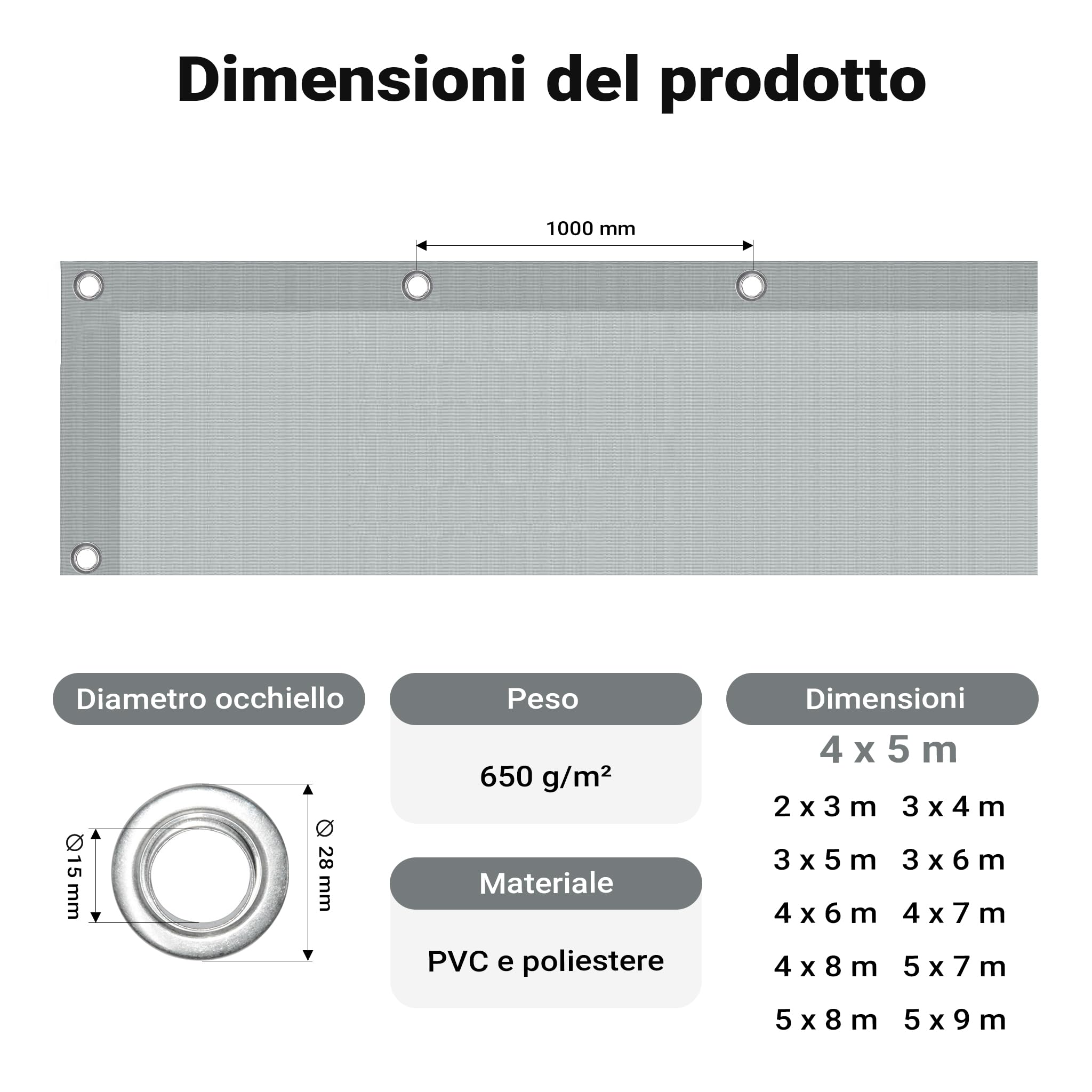 Wiltec Telone occhiellato grigio 4 x 5 m resistente alle intemperie e a raggi UV, impermeabile, robusto telo di protezione in poliestere 650 g/m² con rivestimento in PVC