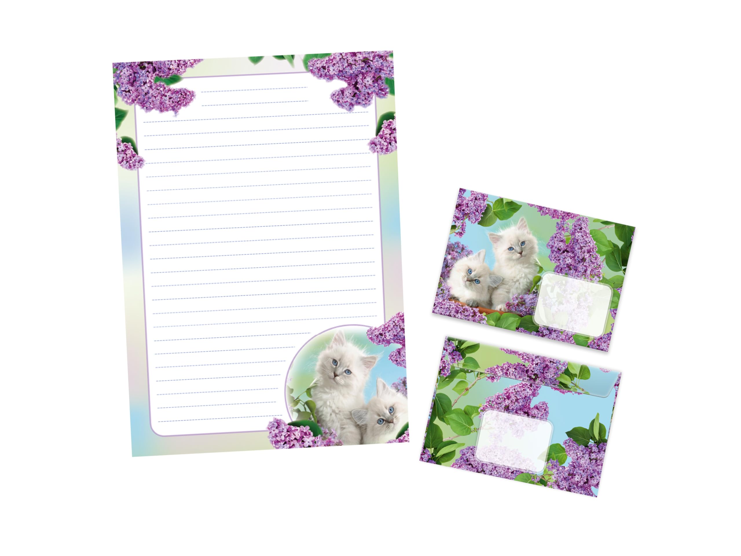 Writing Paper Set Letter Pad with Envelope for Boys Girls Kids Cat Purple Flowers (A4 Pad with 25 Sheets + 15 Envelopes)