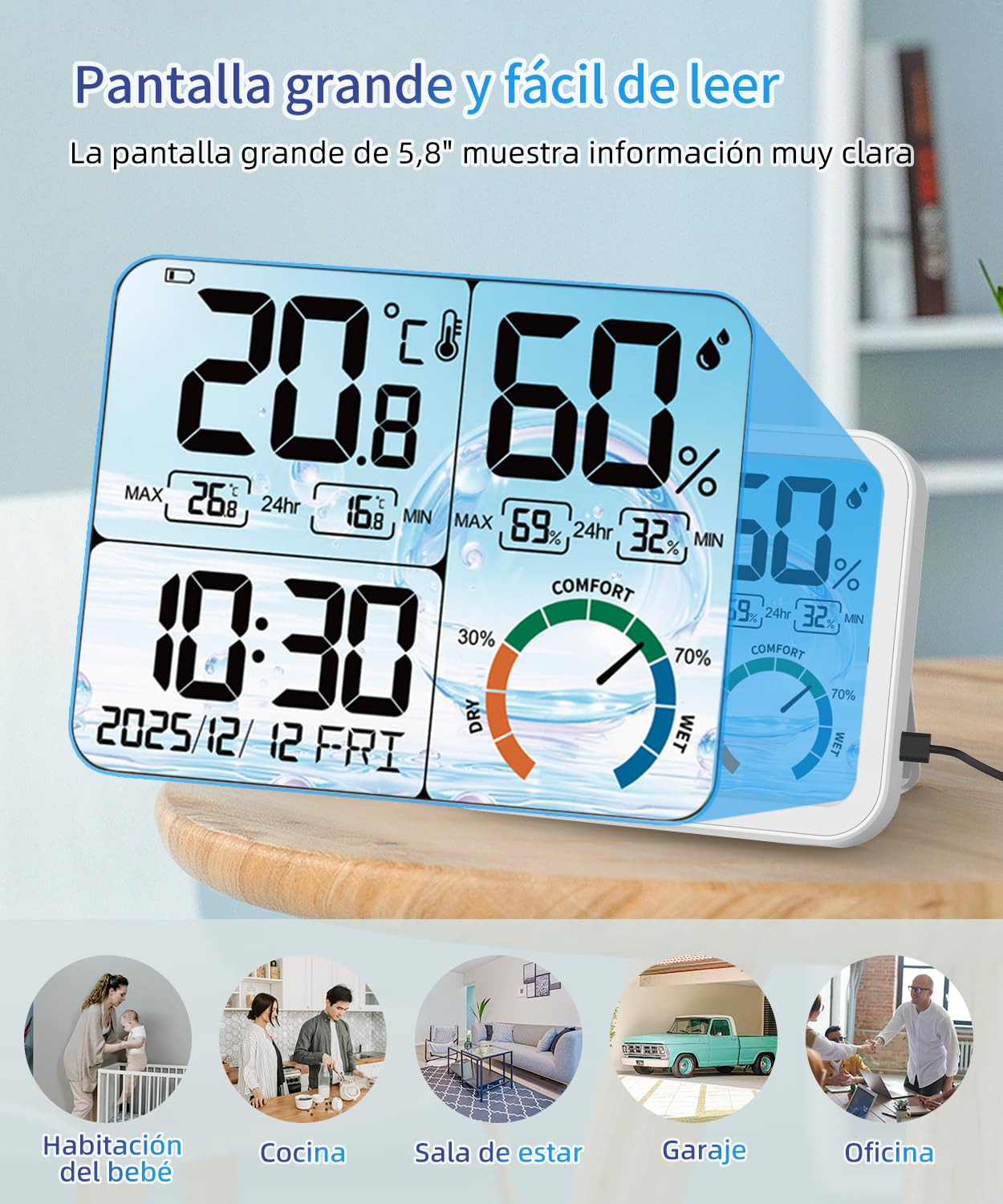 VOCOO Termómetro higrómetro digital interior – 5,8 pulgadas, pantalla extra grande, medidor de humedad preciso, termómetro de habitación con calibración, registros máximos mínimos, comodidad
