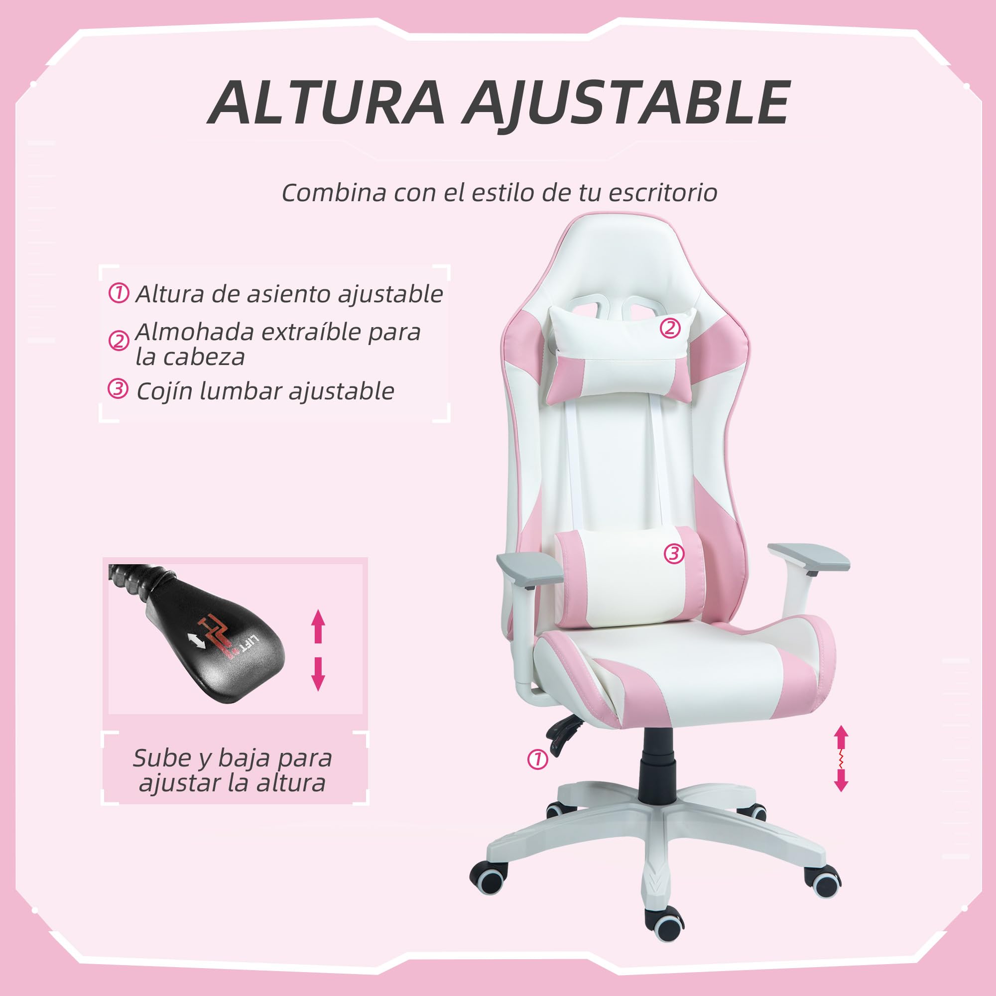 HOMCOM Silla Gaming Reclinable Silla Gamer Giratoria Silla de Oficina Basculante con Cojín Lumbar Reposabrazos 3D Reposacabezas Extraíble y Altura Ajustable 67x60x120-128 cm Blanco y Rosa