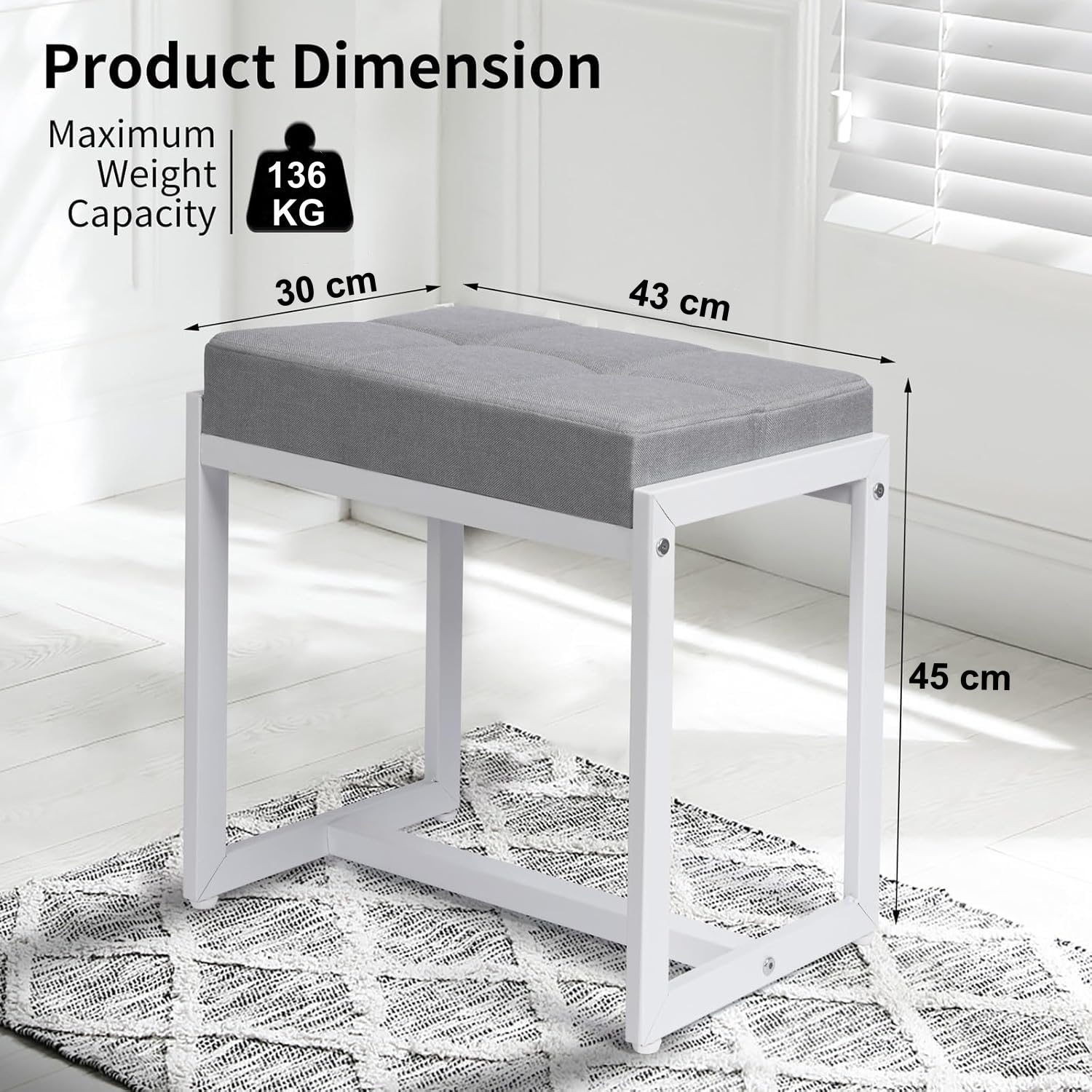 Sgabello da trucco, piccolo shocker, in lino con struttura in metallo, sgabello quadrato ottomano, poggiapiedi per soggiorno, camera da letto, ingresso, moderno sgabello grigio e bianco