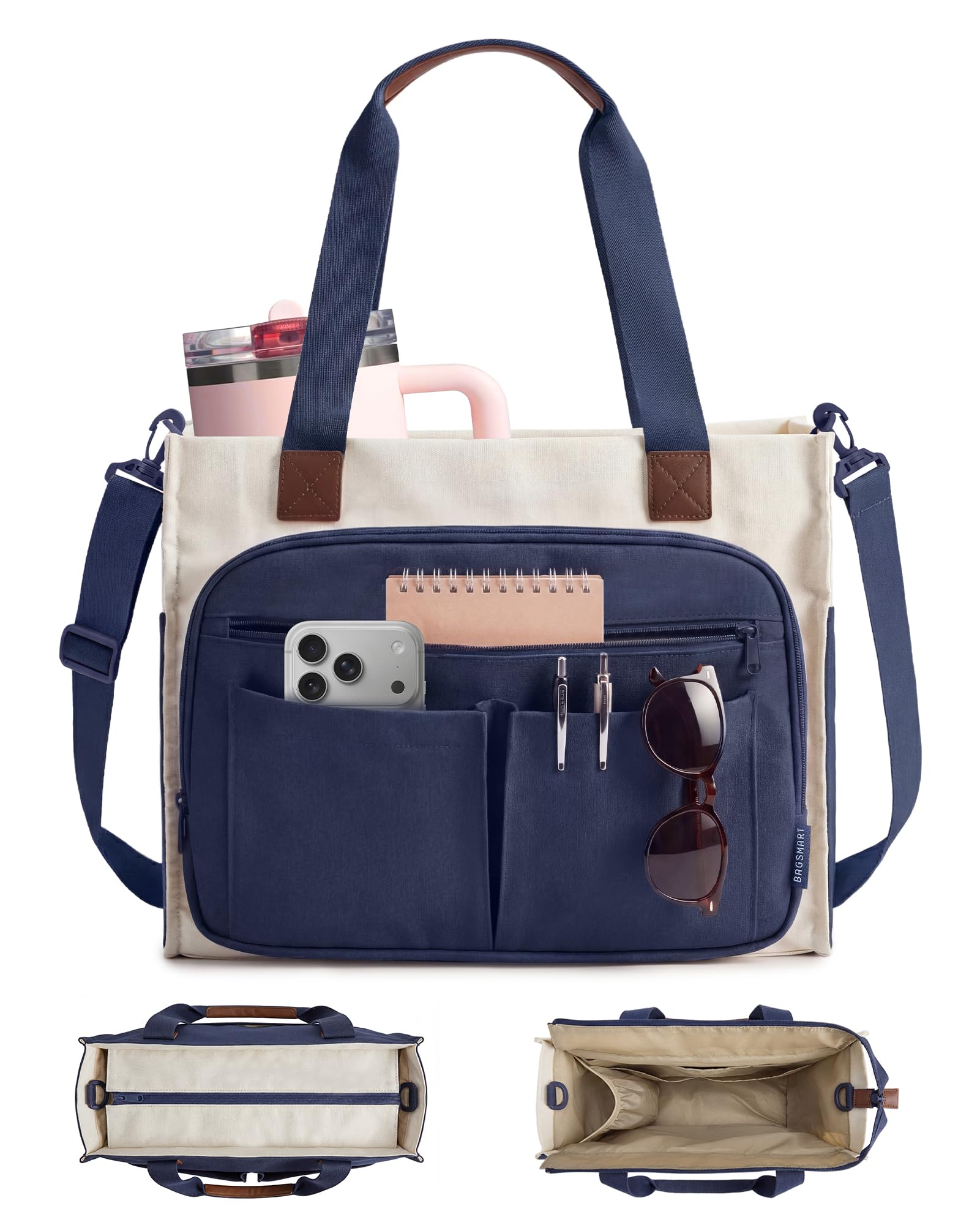 BAGSMART Canvas Tote Bag for Women, Small Work Tote Bag with Zipper | 30oz/40oz Tumble & 11 Pockets Travel Tote, Teachers/Nur