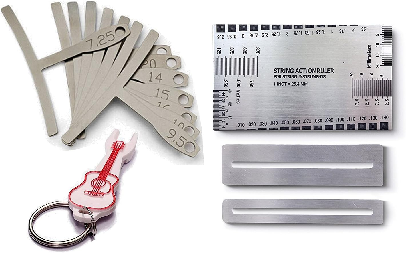 Yooaky Guitar Luthier Tools Set-Double Sided Gauge Ruler,9pcs Stainless Steel Understring Radius Gauges,2 Protector Guards,1 Pin Puller Keychain