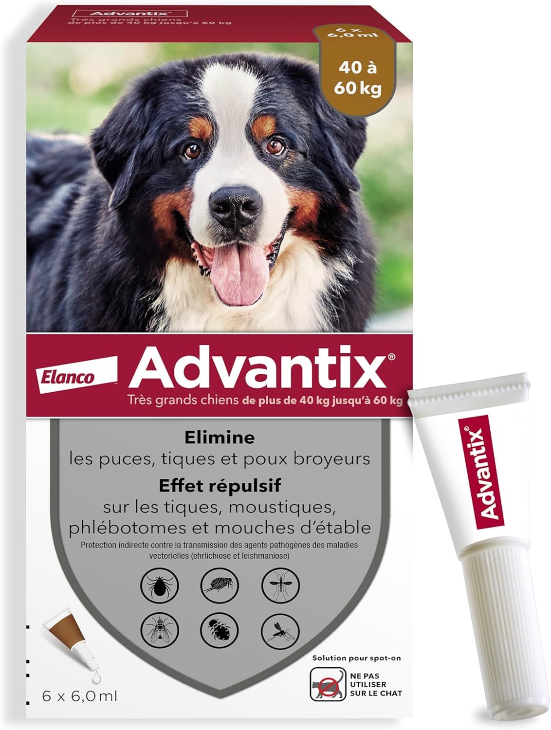 Advantix Très Grand Chien entre 40 et 60 kg – Pipettes pour chien contre 6 parasites – Traitement en pipette pour une protection en continu pendant 4 semaines – 6 x 6,0 ml