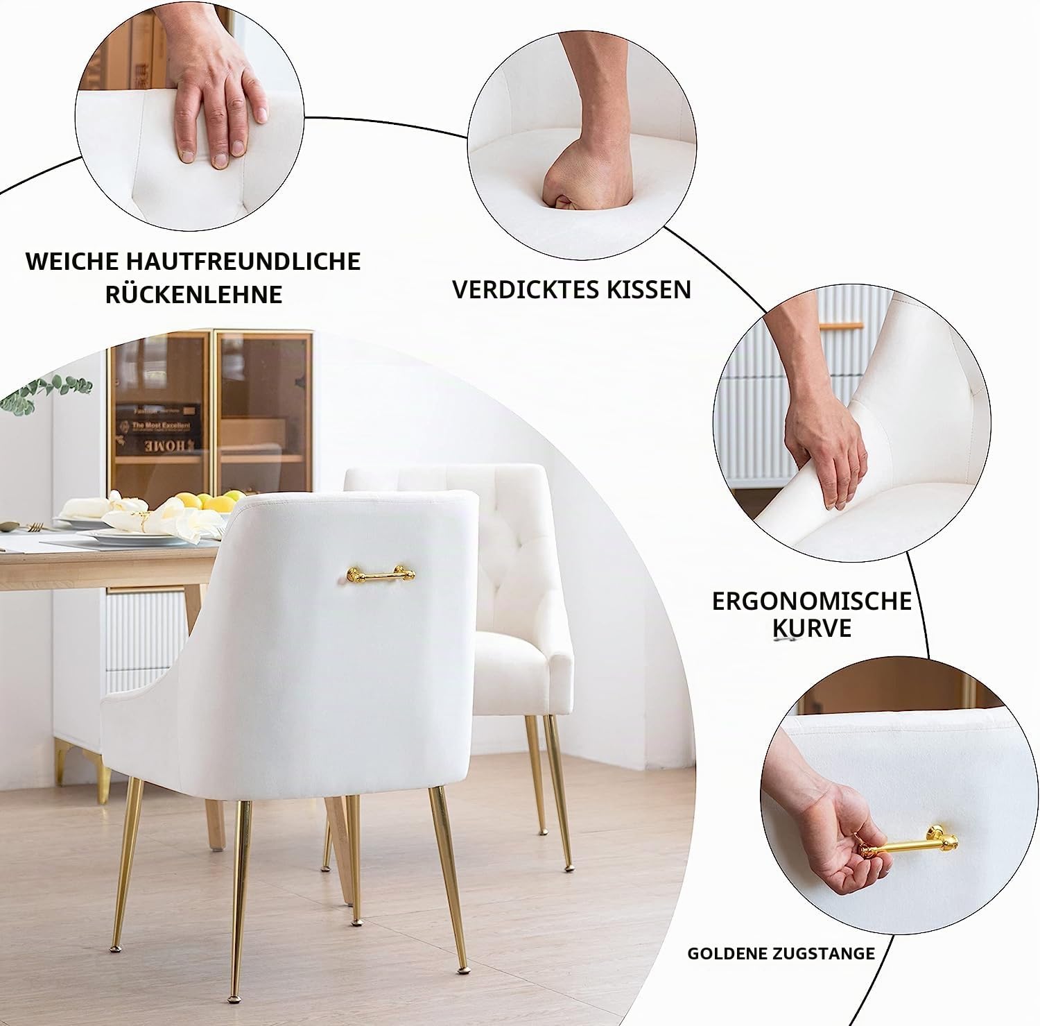 Esszimmerstühle 2er Set, Samt Esszimmerstühle, Modern Küchenstuhl mit Metallbeinen, 13 cm Gepolsterter, für Küche Esszimmer, Wohnzimmer, Schlafzimmer (Beige)