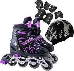 Patins Roller Inline 4 Rodas Skates Ajustavél com Roda Iluminada Jovens e Adultos, Para iniciantes, Uso Interno e Externo + Kit Completo com Capacete e Proteções