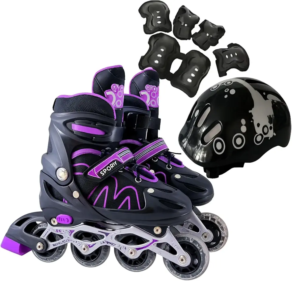Patins Roller Inline 4 Rodas Skates Ajustavél com Roda Iluminada Jovens e Adultos, Para iniciantes, Uso Interno e Externo + Kit Completo com Capacete e Proteções