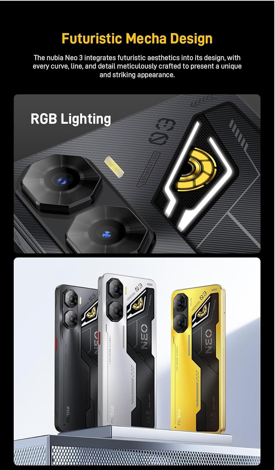 Futuristic Mecha Design with RGB Lighting and different color variants of nubia Neo 3