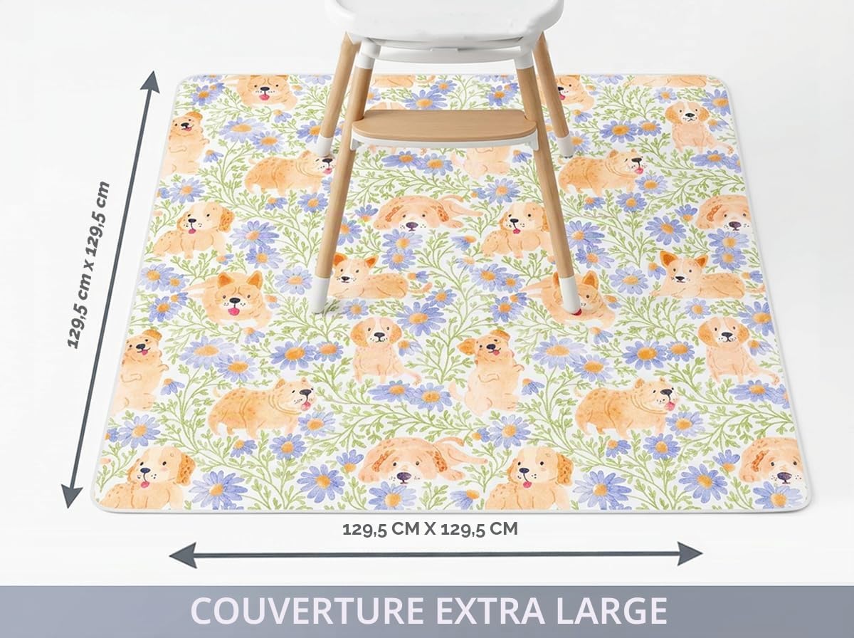 Splat Tapis pour dessous de chaise haute, arts créatifs, imperméable et antidérapant, lavable, 130 cm, réutilisable et nappe d'alimentation pour bébé (chien)