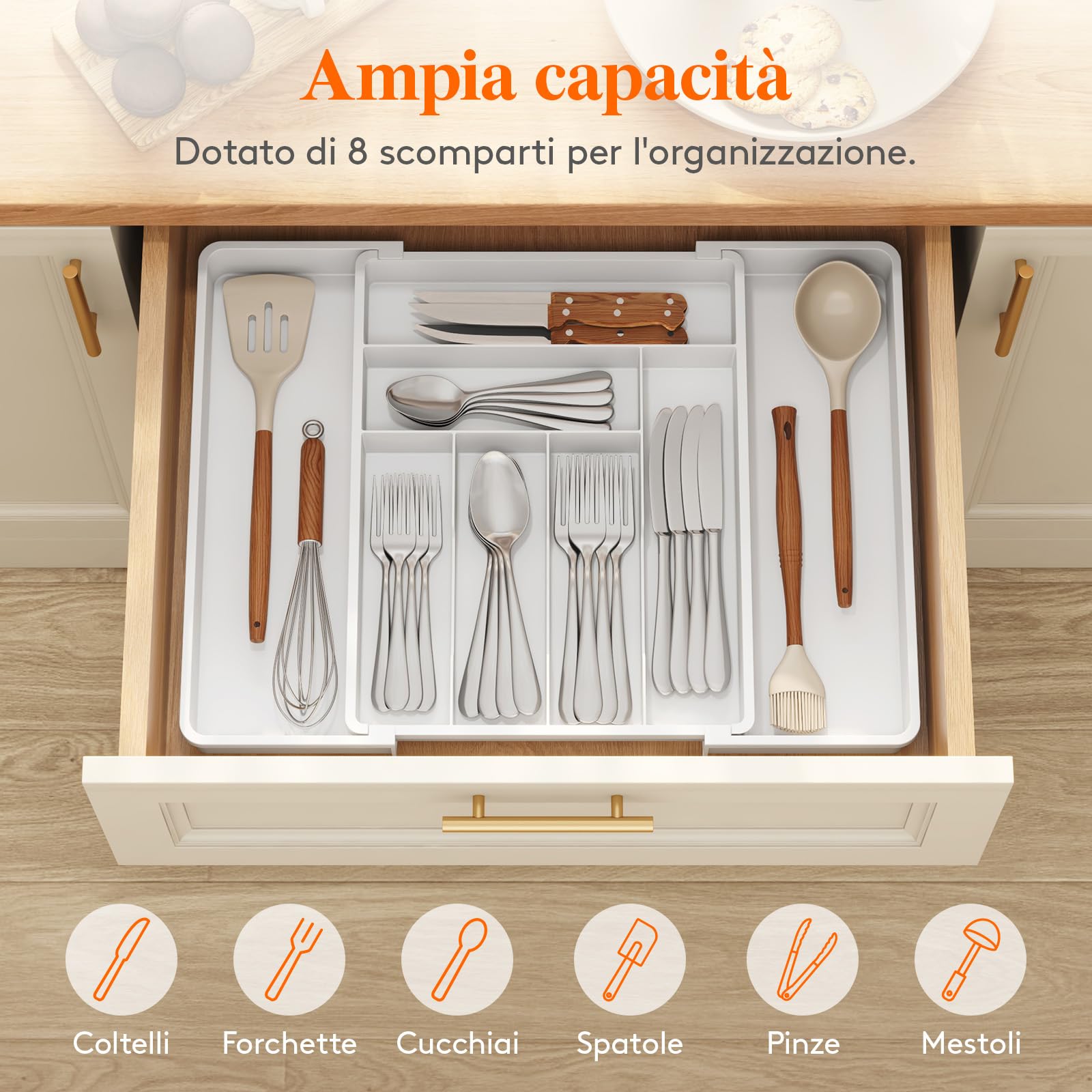 Lifewit Portaposate da Cassetto Espandibile, Larghezza 33-57 cm, Organizer Utensili per Cucina Salvaspazio, Accessori Cucina per Cucchiai, Forchette, Profondità 42,4 cm, Bianco