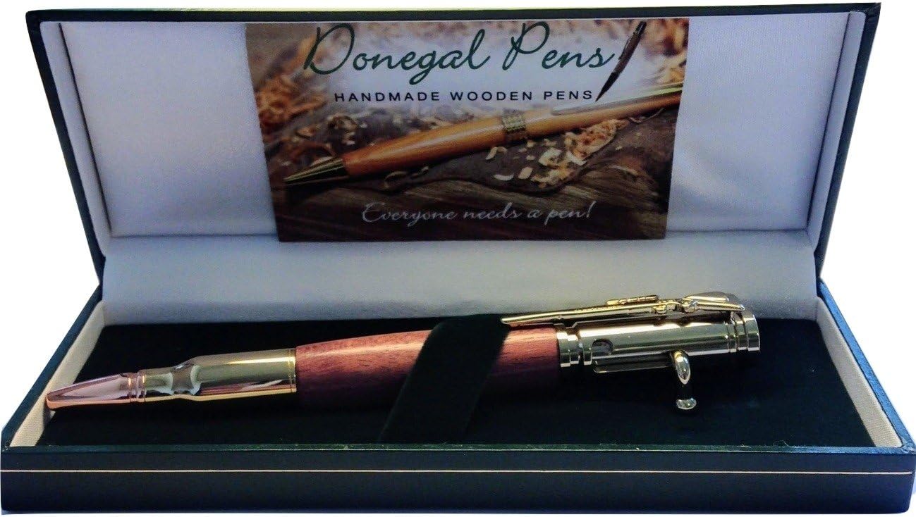 Handcrafted Wooden Ballpoint Pen with Bolt Action Design - Made in Ireland with Purple Heart Wood and Enhanced with Gold Plate and Chrome Trim
