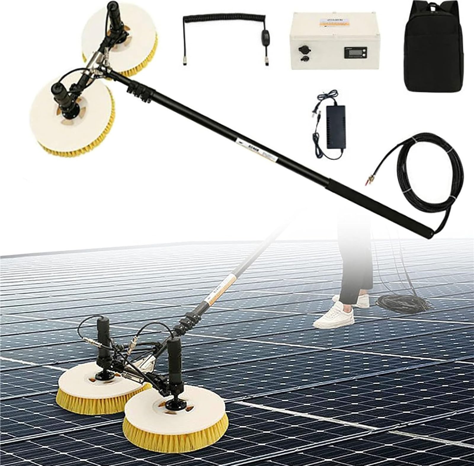 AYCDL Electric Solar Panel Cleaning Kit with Water Fed Pole, Multiple Brush Heads, and Lithium Battery for Efficient Photovoltaic Maintenance,Lithium Battery-7.5M