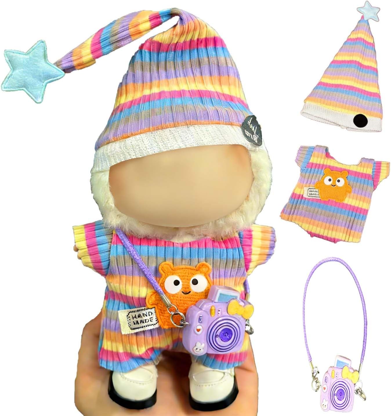 17cm Doll Clothes(NO Doll),Luxury 3-Piece Set for 17cm(6.9 Inch) Dolls: Fashion Hat & Pink Mini Camera Cute Outfit(Purple) , Adorable Stylish Accessories for Women Collectors Rainbow