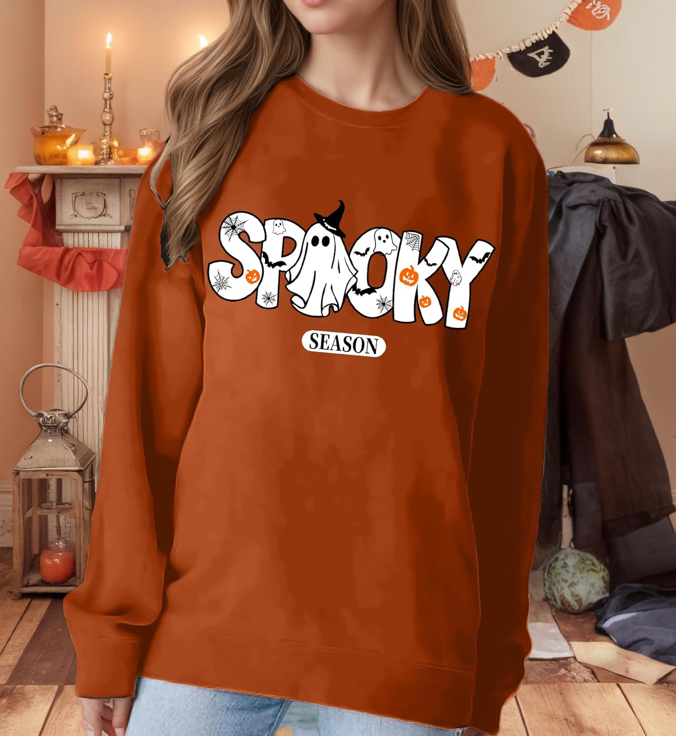 Women's Witch Sweatshirt Halloween Vintage Graphic Long Sleeve Shirts Spooky Season Fall Pullover Tops - Image 2