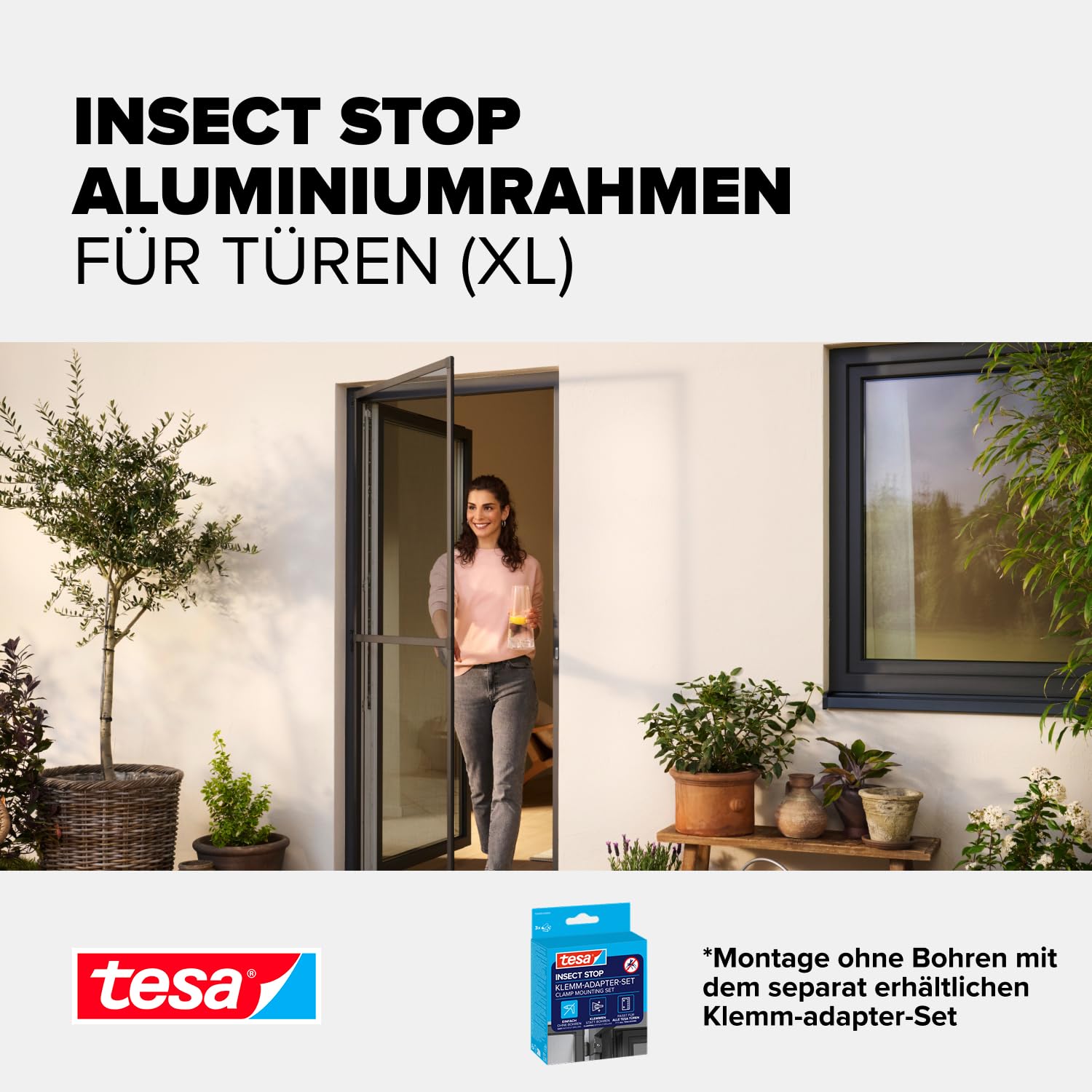 tesa INSECT STOP Aluminium-Rahmen Fliegengitter Tür 120 x 240 cm Anthrazit | Langlebiges Fliegengitter mit Clear-View-Gewebe, Aluminium-Rahmen, Selbstschließfunktion und 30 % schnellerem Aufbau