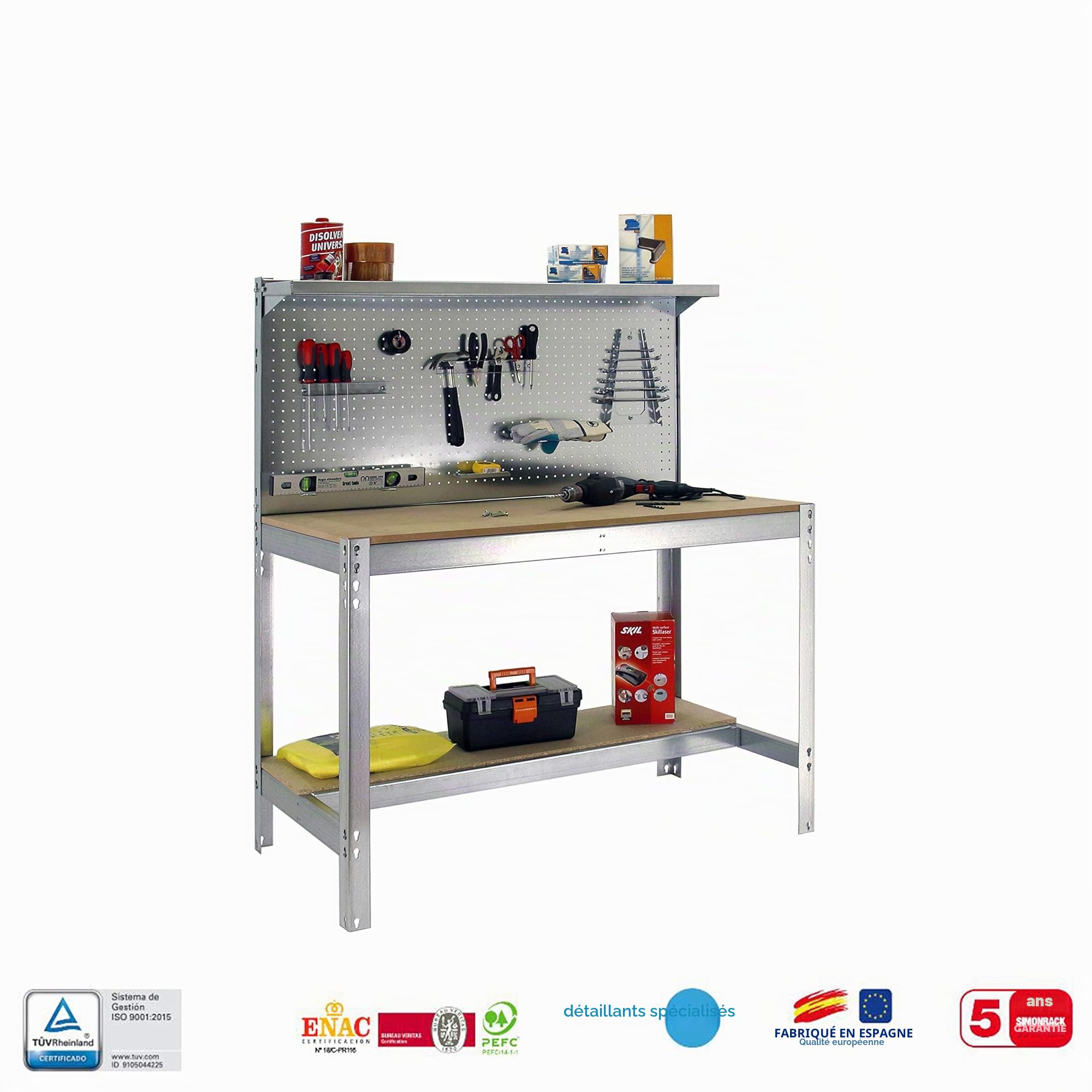 SimonRack Etabli d’Atelier, Capacité de Charge 400 kg, 1445x910x610 mm, Panneau Perforé avec 1 Étagère, Table de Travail Bricolage, Galvanisé/Bois - BT3