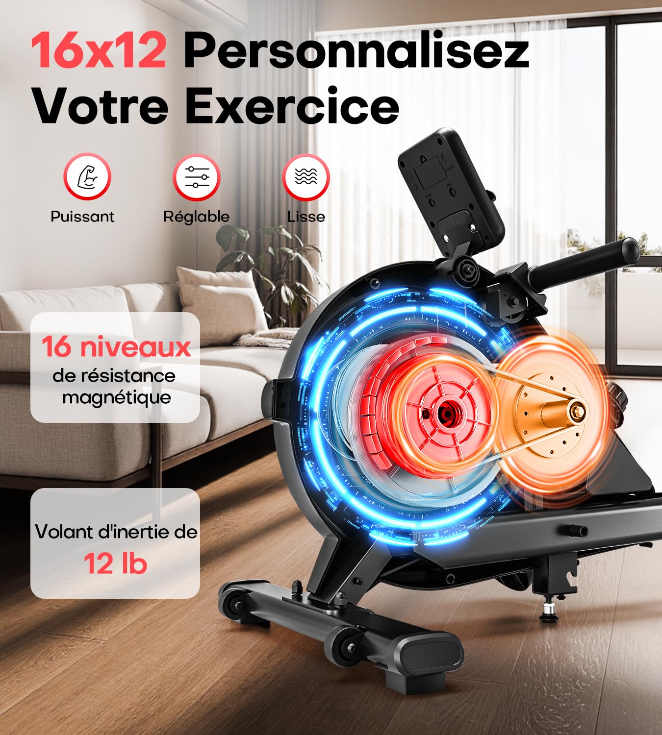 Rameur Musculation D'appartement, MOSUNY 16/32 Niveaux de Résistance Rameur Magnétique, Glissières Doubles améliorées, Ultra Silencieux, App-Compatible, Capacité de Poids jusqu'à 160/180 kg