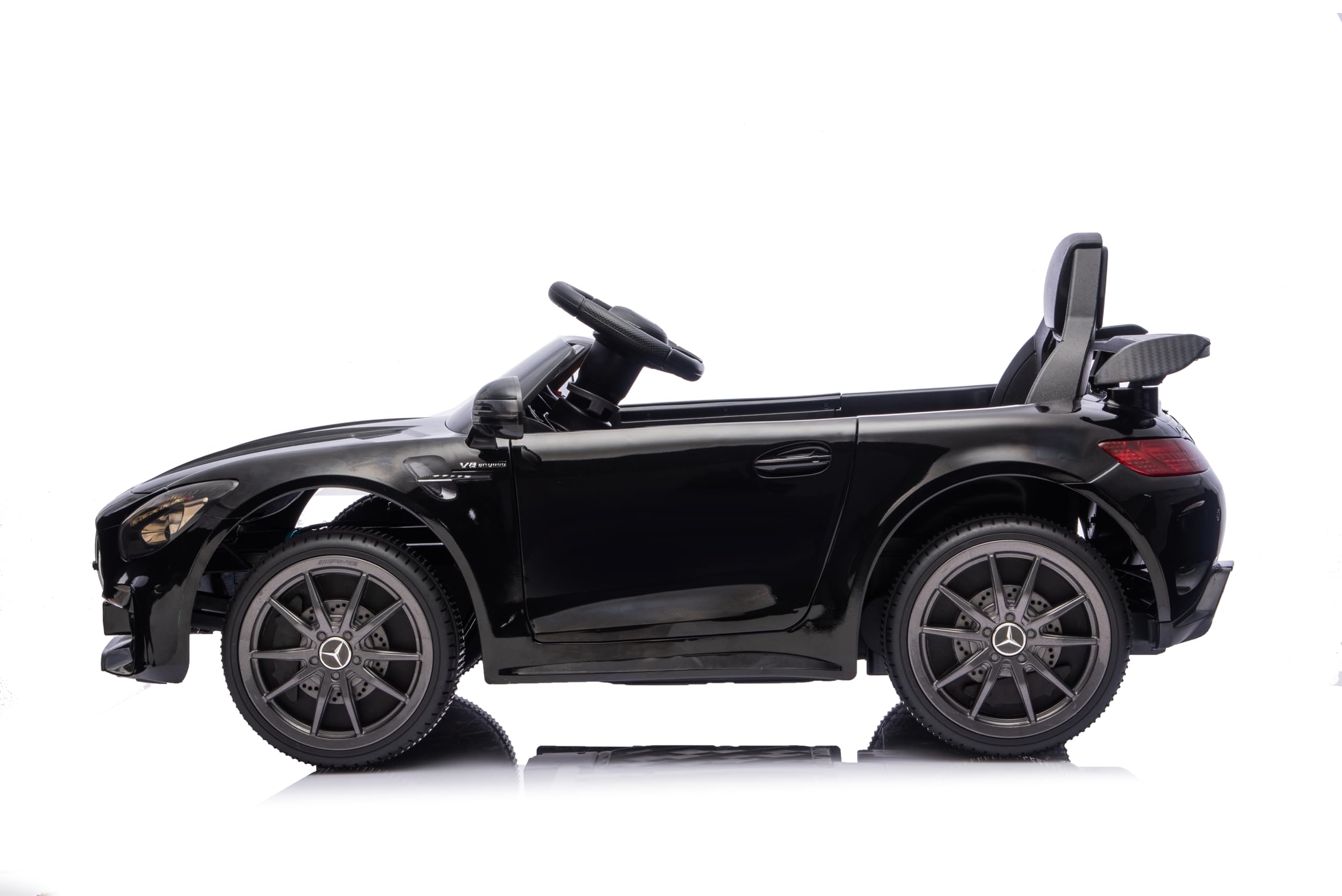 FINOOS Mercedes GTR AMG Elektroauto für Kinder, 12V, elektrische Kinder elektroauto mit Fernbedienung, 2 + 1 Geschwindigkeitsstufen, Hupe, LED, Musik, Bluetooth (Schwarz)