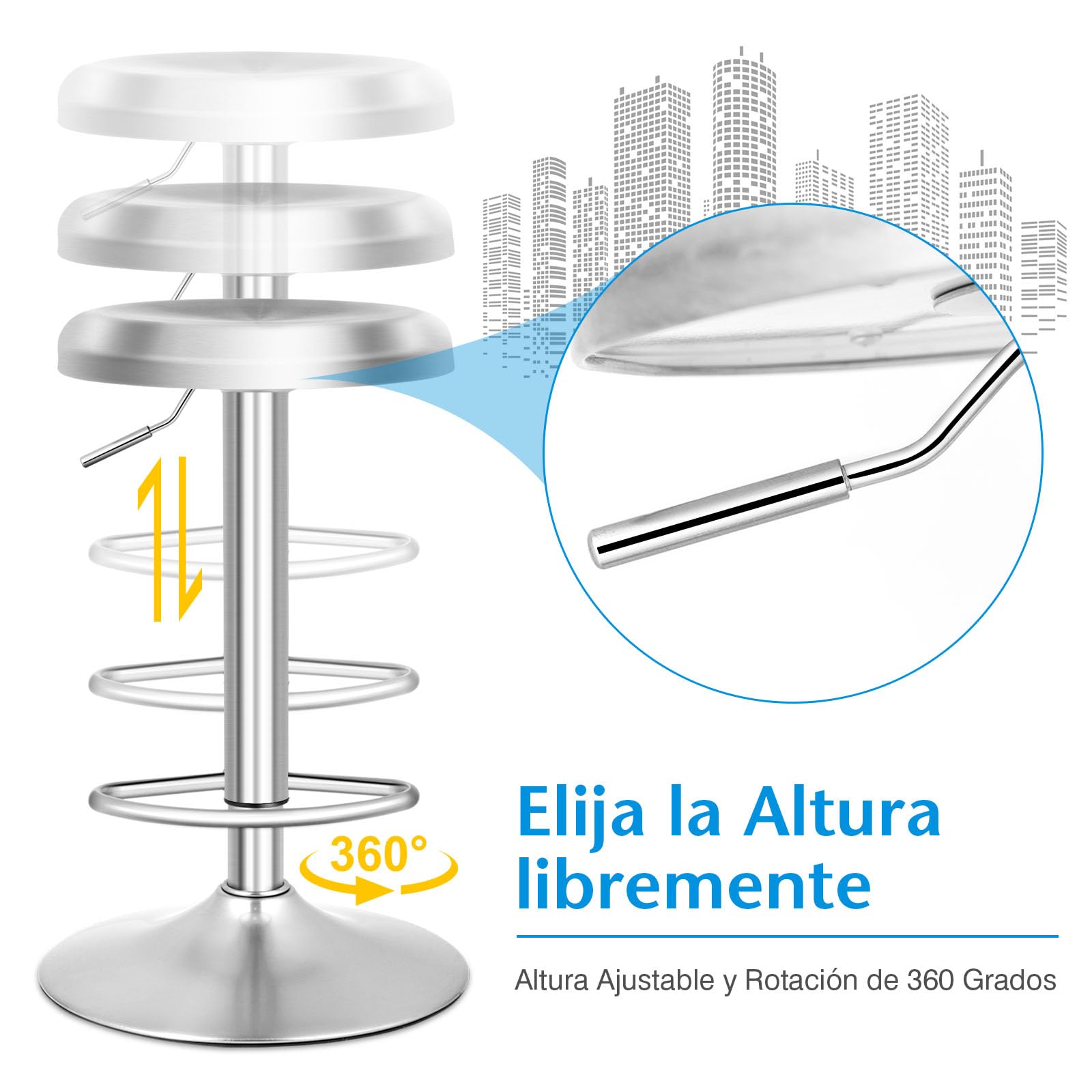 COSTWAY Taburete de Bar Giratorio, Taburete Redonda Ajustable en Altura, Taburete Alto con Reposapiés, Mango y Base Grande, Silla de Barra de Acero Inoxidable para Cocina, Bar, Cafetería