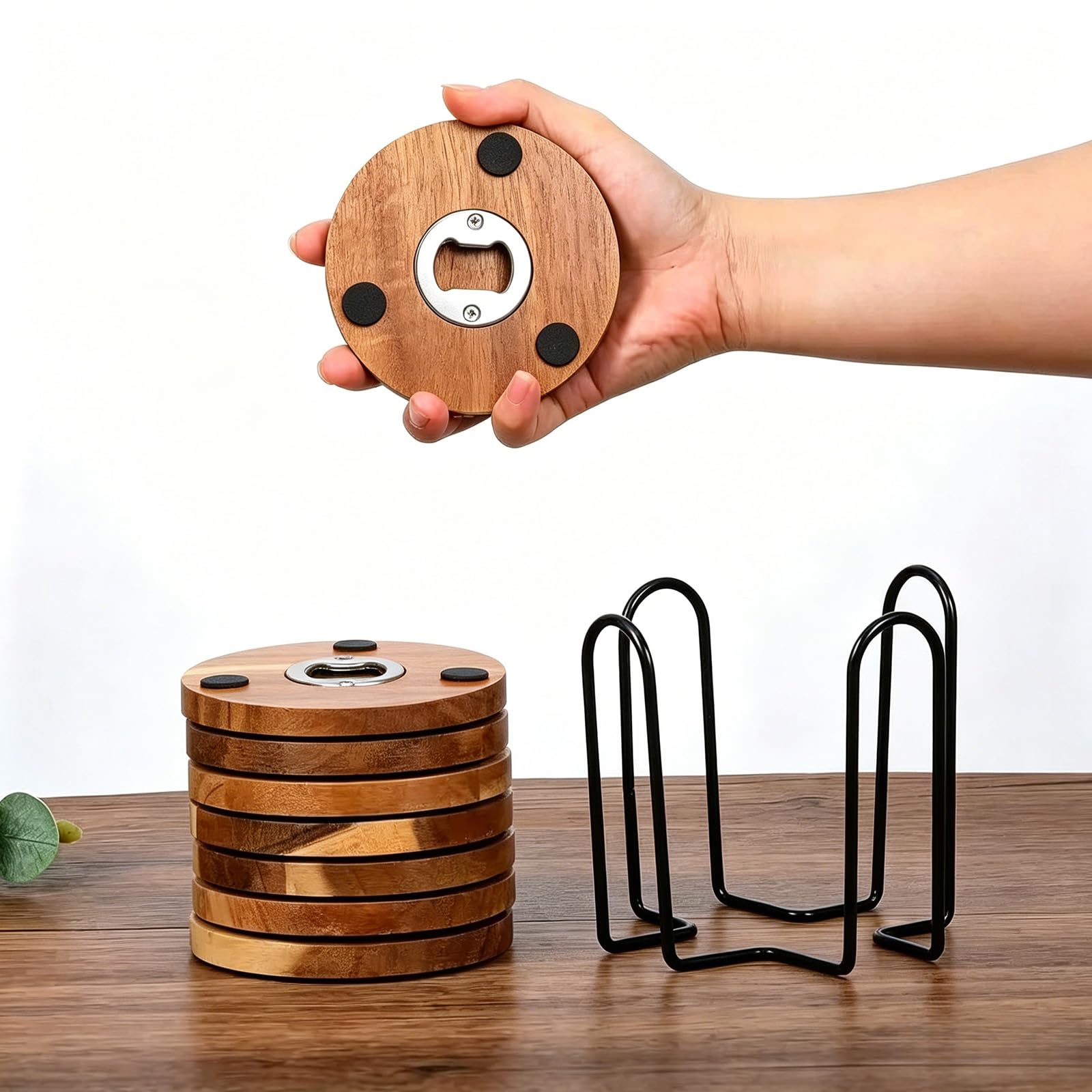 sous-Verres en Bois avec ouvre-Bouteille Rond avec, 8 Pack