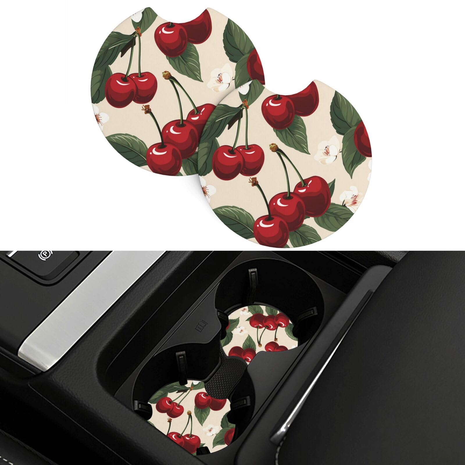 2PCS Car Coaster for Cup Holders Universal Auto Cup Mat Red Cherry Pattern Cup Coaster Pad 2.7" Waterproof Neoprene Non-Slip Cup Holder Coasters Car Interior Accessories for Women Men